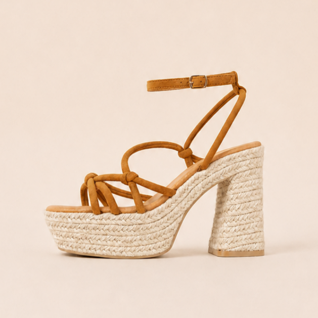 Sandalias de plataforma con tacón de yute y tiras finas anudadas en efecto ante negra y camel, sandalias elegantes estilo boho para verano, vacaciones, cenas y eventos, ideales para combinar con vestidos largos, lino y looks mediterráneos