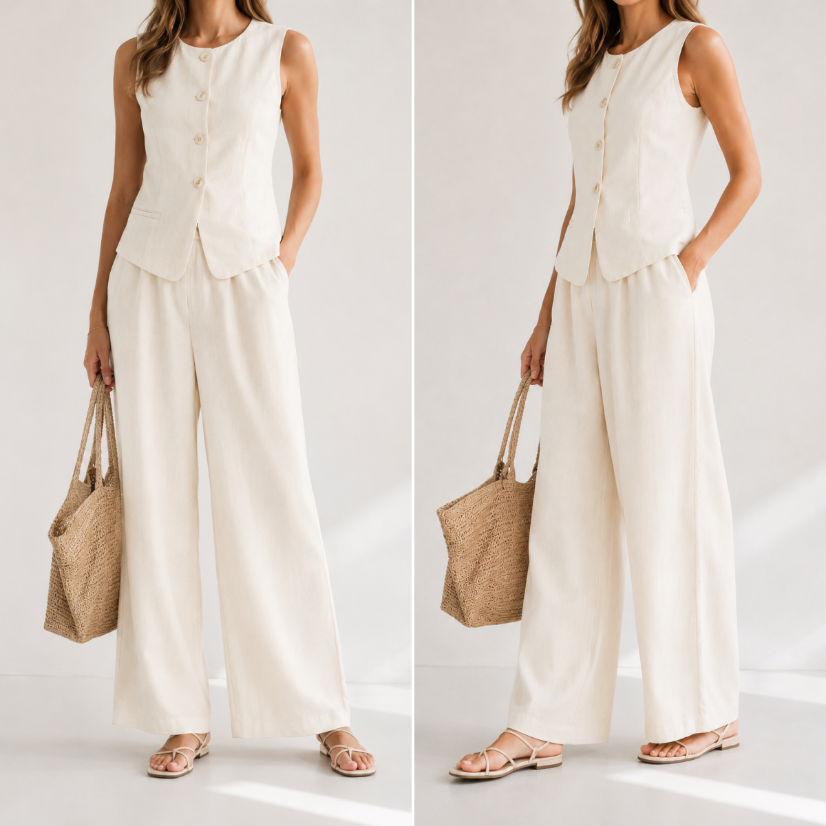Chaleco elegante de mujer sin mangas con botones delanteros en beige y negro, estilo minimalista sofisticado para oficina, cenas, eventos y looks casual chic, fácil de combinar con jeans, pantalones palazzo o faldas