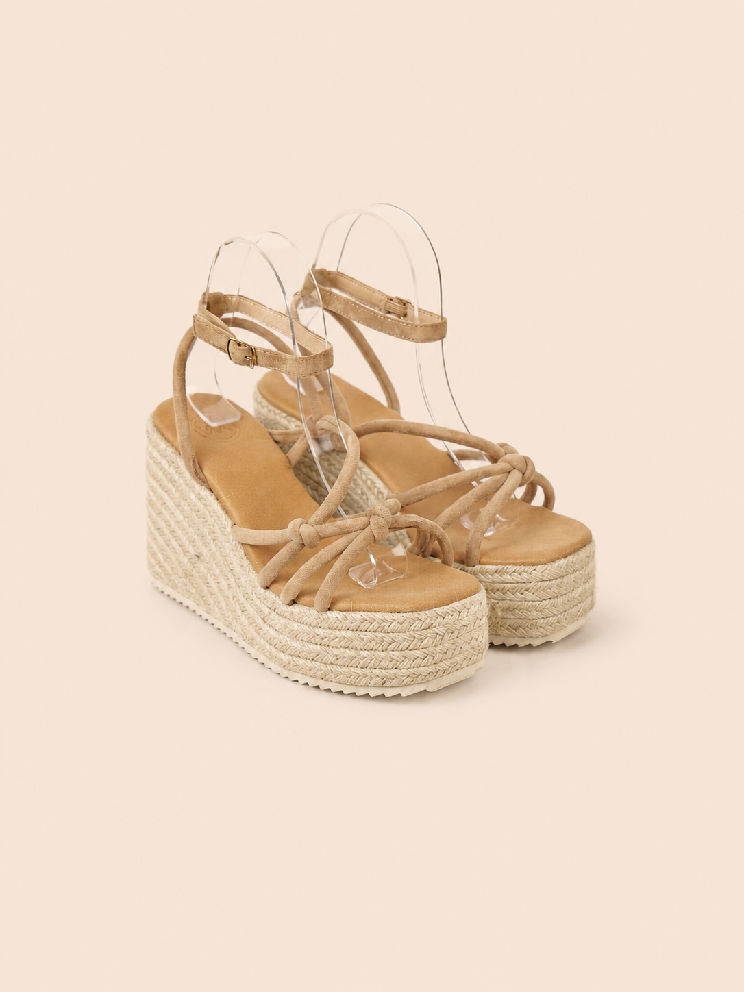 Sandalias de Plataforma Mujer con Cuña de Yute Trenzado, Tiras Cruzadas y Nudo Frontal, Pulsera Ajustable al Tobillo, Estilo Espadrille Verano, Tacón Medio Alto Cómodo, Casual Elegante en Gamuza Sintética – Color Negro y Beige