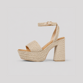 Sandalias de plataforma alta con tacón ancho efecto rafia y pulsera al tobillo en color beige natural, sandalias elegantes de verano para vacaciones, cenas y eventos, ideales para combinar con vestidos largos, lino y looks boho chic