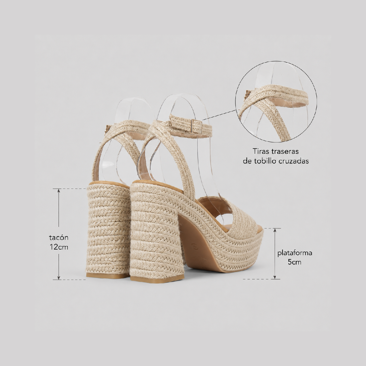 Sandalias de plataforma alta con tacón ancho efecto rafia y pulsera al tobillo en color beige natural, sandalias elegantes de verano para vacaciones, cenas y eventos, ideales para combinar con vestidos largos, lino y looks boho chic