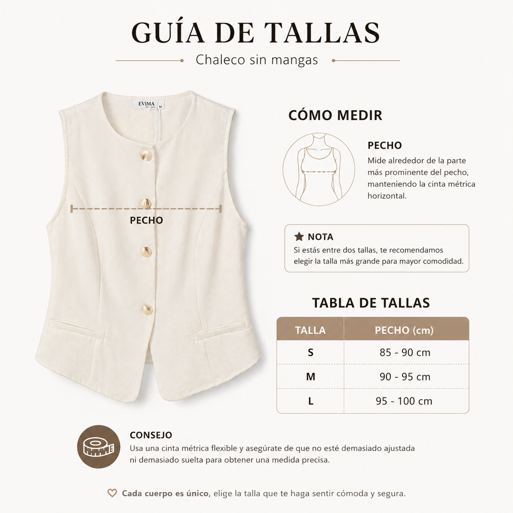 Chaleco elegante de mujer sin mangas con botones delanteros en beige y negro, estilo minimalista sofisticado para oficina, cenas, eventos y looks casual chic, fácil de combinar con jeans, pantalones palazzo o faldas