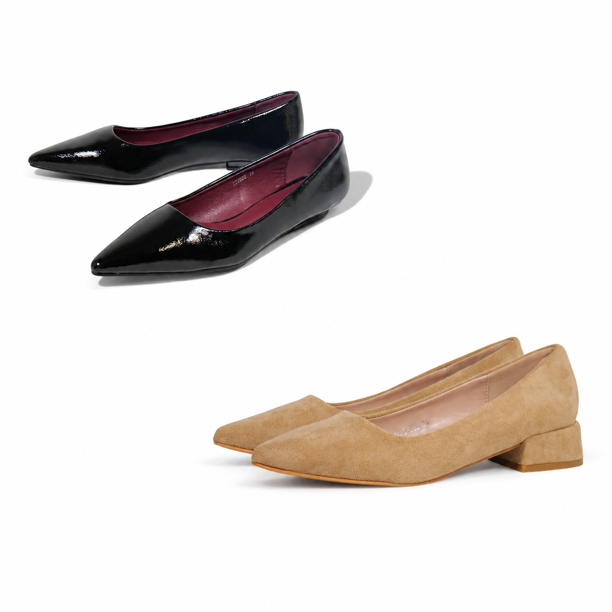 Zapatos de salón planos con punta fina efecto charol de color liso