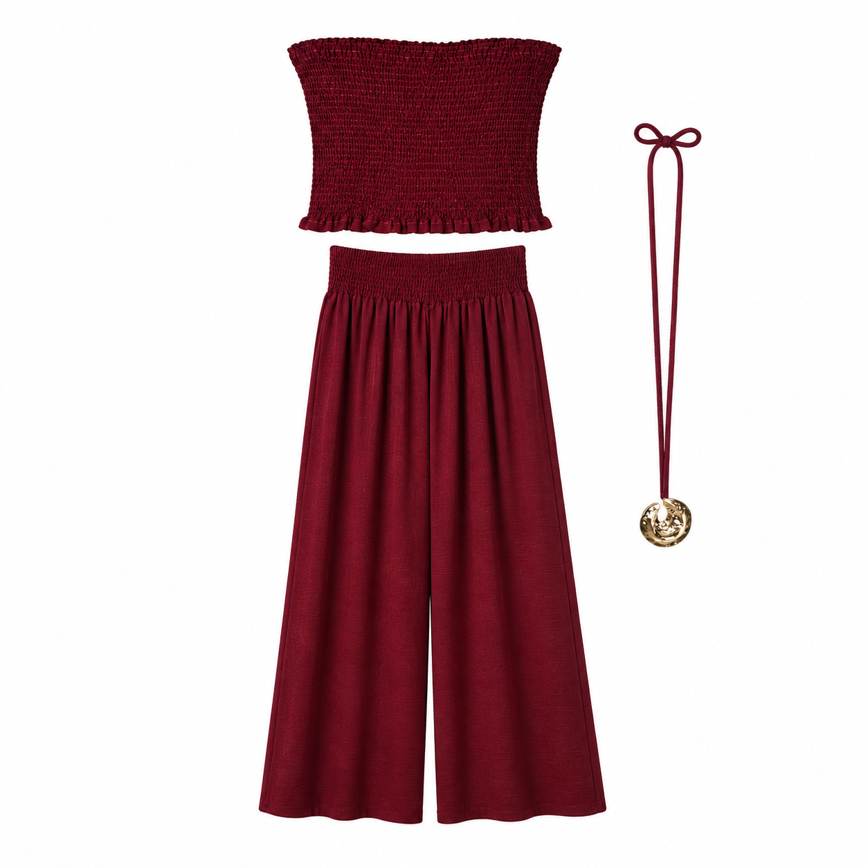 Conjunto Top Fruncido con pantalón ancho fluido y collar largo dorado para verano mujer elegante casual vacaciones cena terraza look ibicenco outfit playa fiesta noche conjunto dos piezas cómodo y fresquito