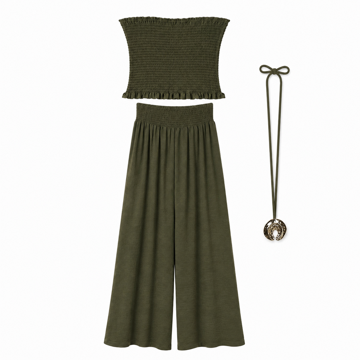 Conjunto Top Fruncido con pantalón ancho fluido y collar largo dorado para verano mujer elegante casual vacaciones cena terraza look ibicenco outfit playa fiesta noche conjunto dos piezas cómodo y fresquito