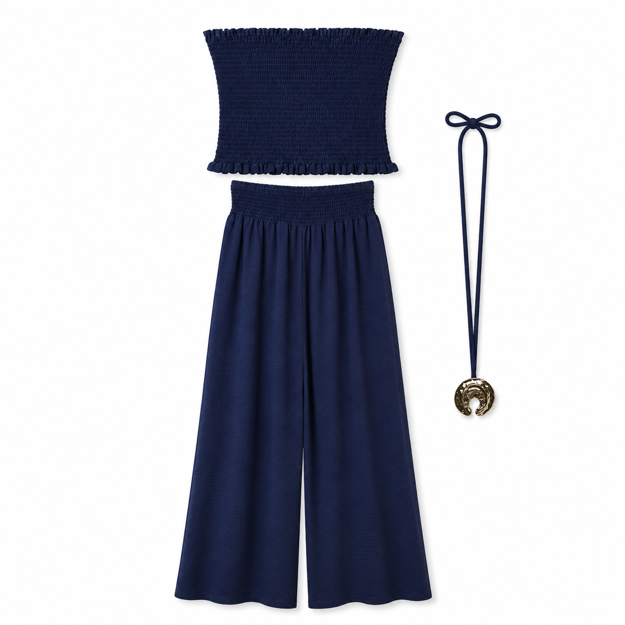 Conjunto Top Fruncido con pantalón ancho fluido y collar largo dorado para verano mujer elegante casual vacaciones cena terraza look ibicenco outfit playa fiesta noche conjunto dos piezas cómodo y fresquito