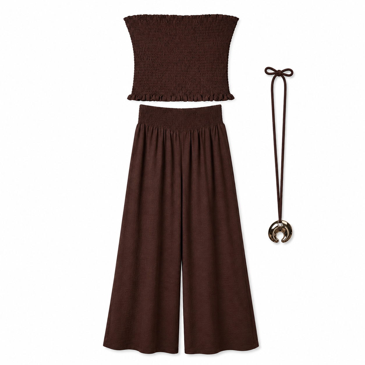 Conjunto Top Fruncido con pantalón ancho fluido y collar largo dorado para verano mujer elegante casual vacaciones cena terraza look ibicenco outfit playa fiesta noche conjunto dos piezas cómodo y fresquito