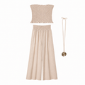 Conjunto Top Fruncido con pantalón ancho fluido y collar largo dorado para verano mujer elegante casual vacaciones cena terraza look ibicenco outfit playa fiesta noche conjunto dos piezas cómodo y fresquito