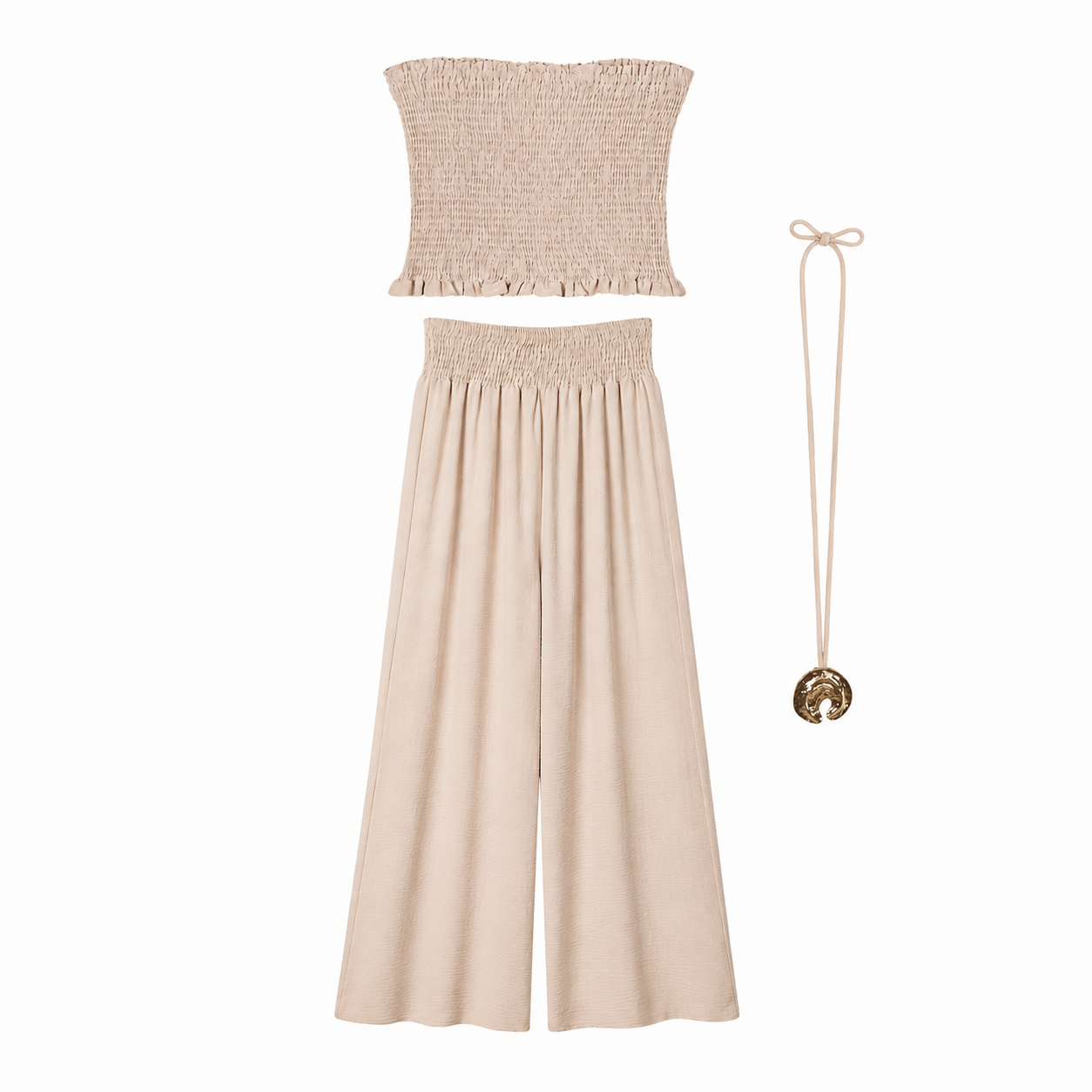Conjunto Top Fruncido con pantalón ancho fluido y collar largo dorado para verano mujer elegante casual vacaciones cena terraza look ibicenco outfit playa fiesta noche conjunto dos piezas cómodo y fresquito