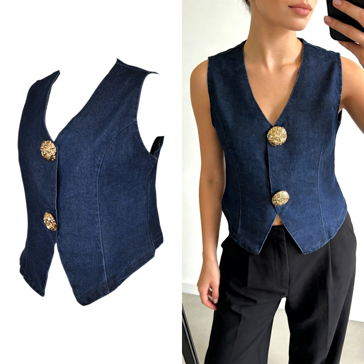 Chaleco denim mujer azul oscuro sin mangas cuello en V con botones dorados estilo vintage elegante, top vaquero ajustado casual chic, outfit streetwear minimalista verano otoño tendencia moda femenina