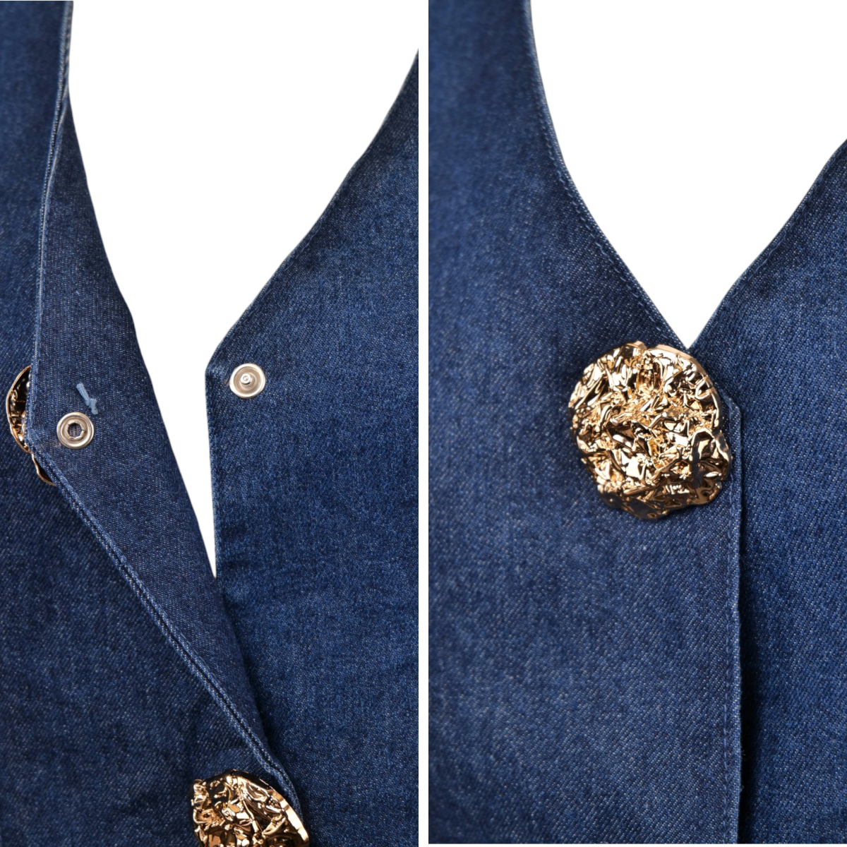 Chaleco denim mujer azul oscuro sin mangas cuello en V con botones dorados estilo vintage elegante, top vaquero ajustado casual chic, outfit streetwear minimalista verano otoño tendencia moda femenina