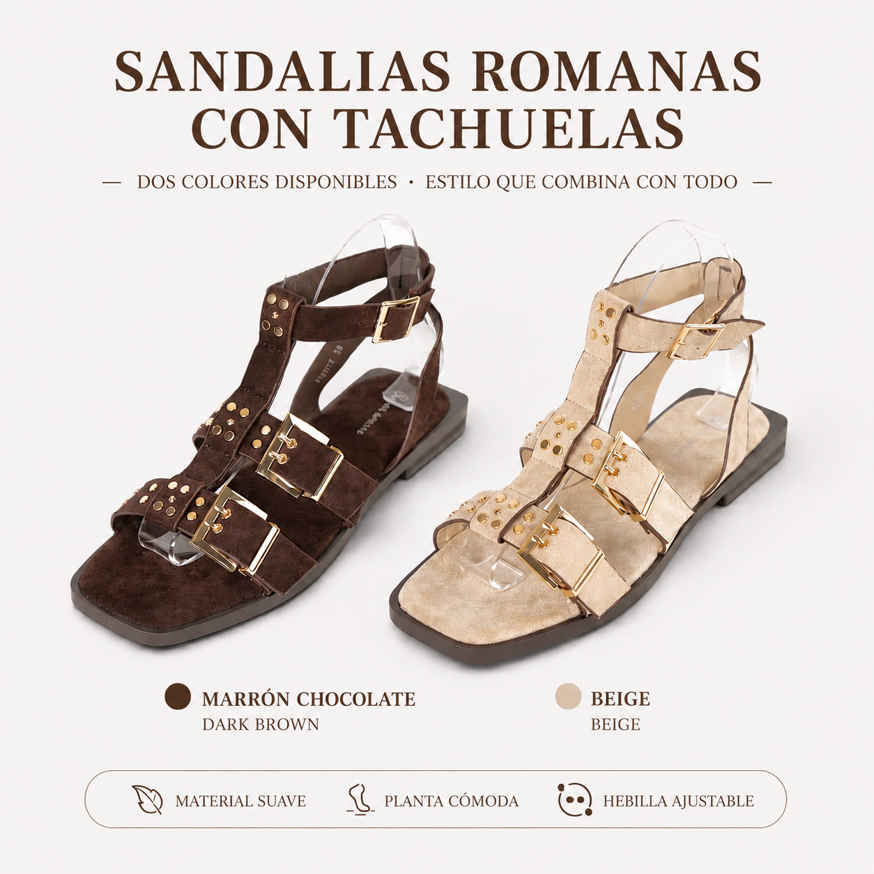 Sandalias planas romanas para mujer con hebillas metálicas y tachas, sandalias estilo gladiador de tiras múltiples efecto cuero sintético, sandalias casual verano con cierre de pulsera en tobillo color marrón