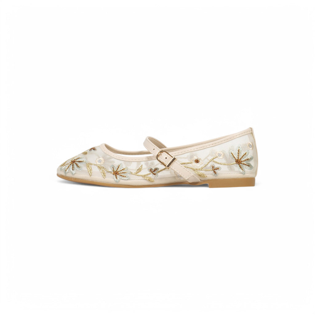 Bailarinas tipo merceditas de tul bordado para mujer con tira ajustable, diseño floral romántico y suela plana, ideales para primavera y verano, disponibles en negro y beige