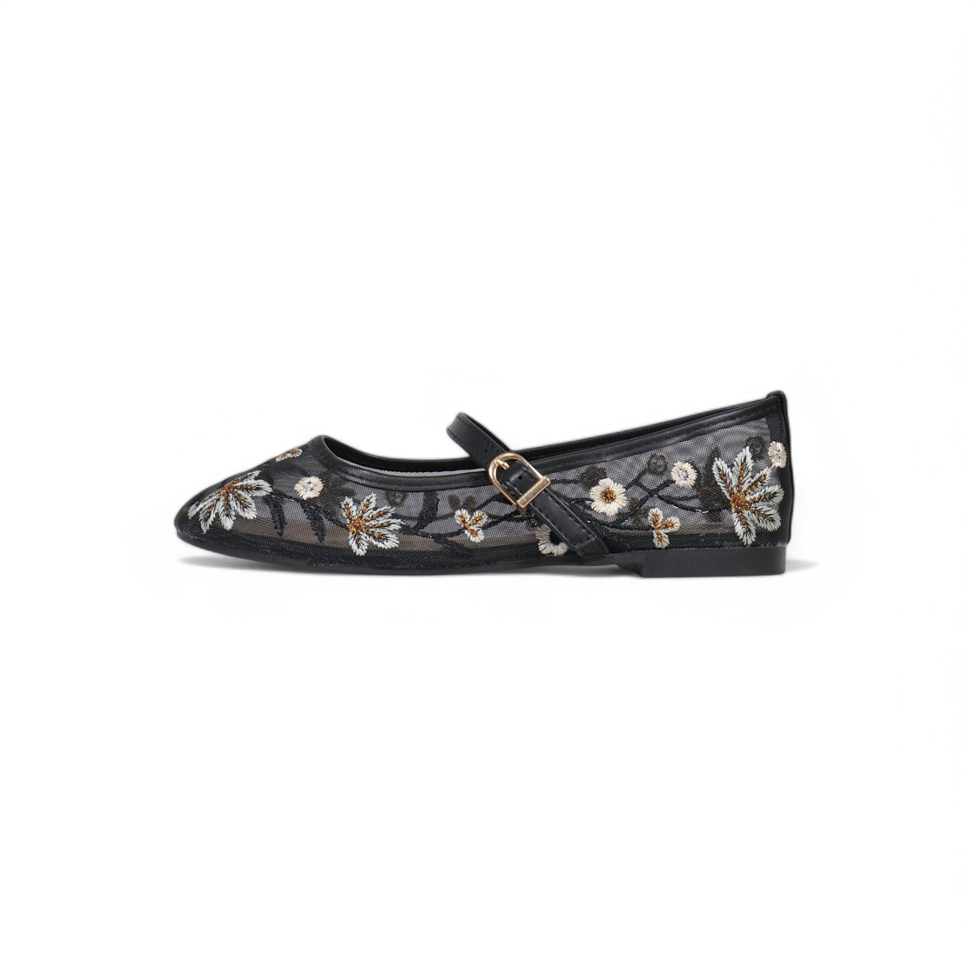 Bailarinas tipo merceditas de tul bordado para mujer con tira ajustable, diseño floral romántico y suela plana, ideales para primavera y verano, disponibles en negro y beige