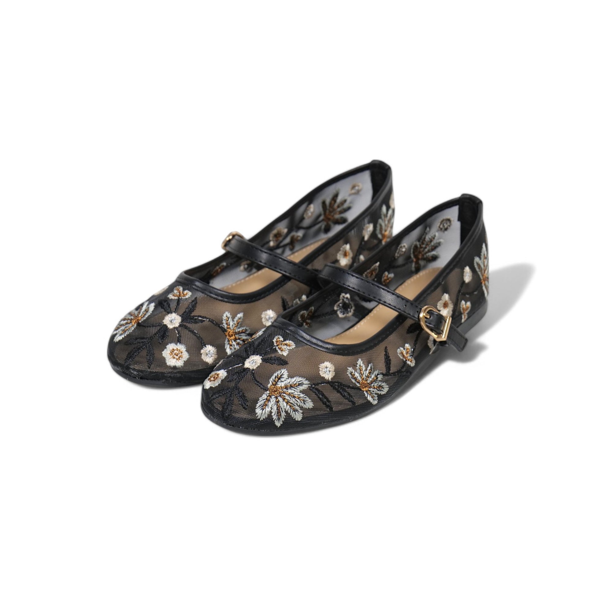 Bailarinas tipo merceditas de tul bordado para mujer con tira ajustable, diseño floral romántico y suela plana, ideales para primavera y verano, disponibles en negro y beige