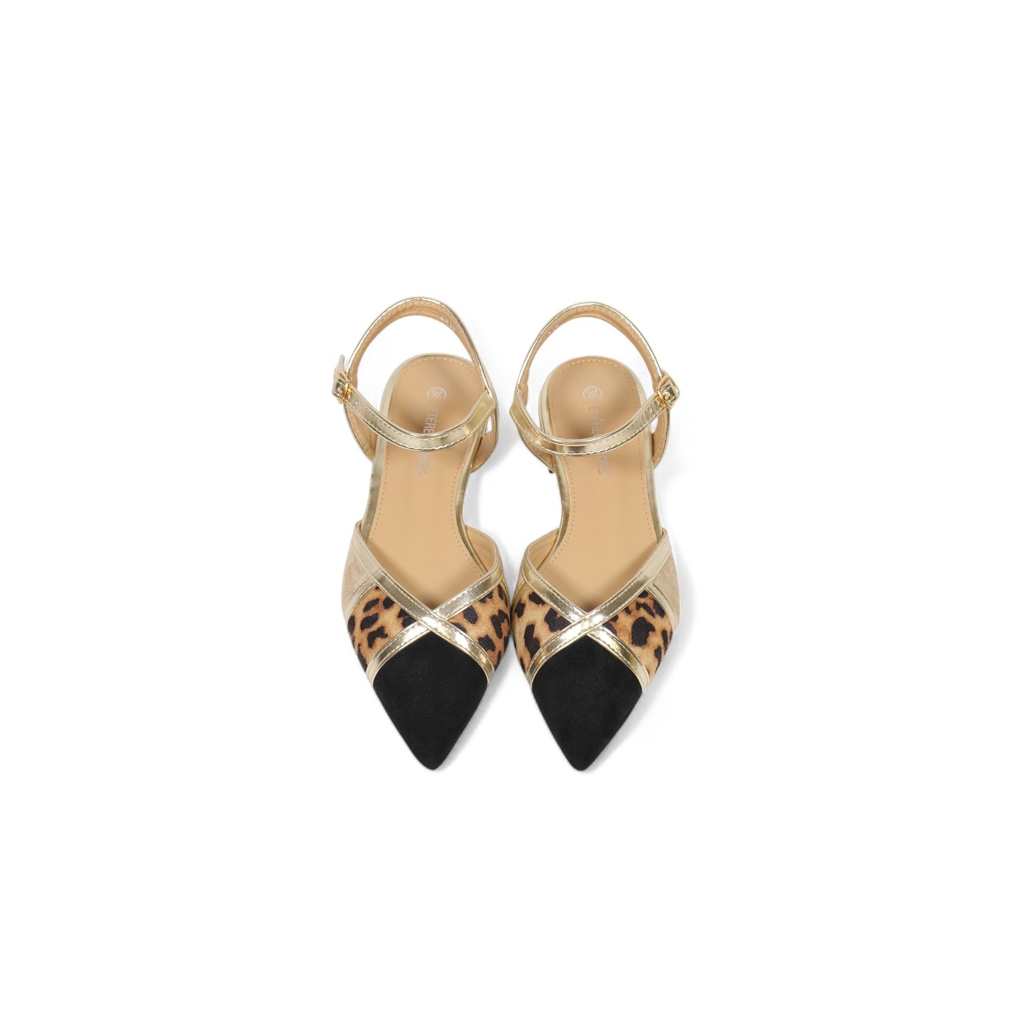 Zapatos planos destalonados para mujer con punta fina, detalles metálicos dorados y estampado animal print, diseño elegante y moderno para eventos o uso diario