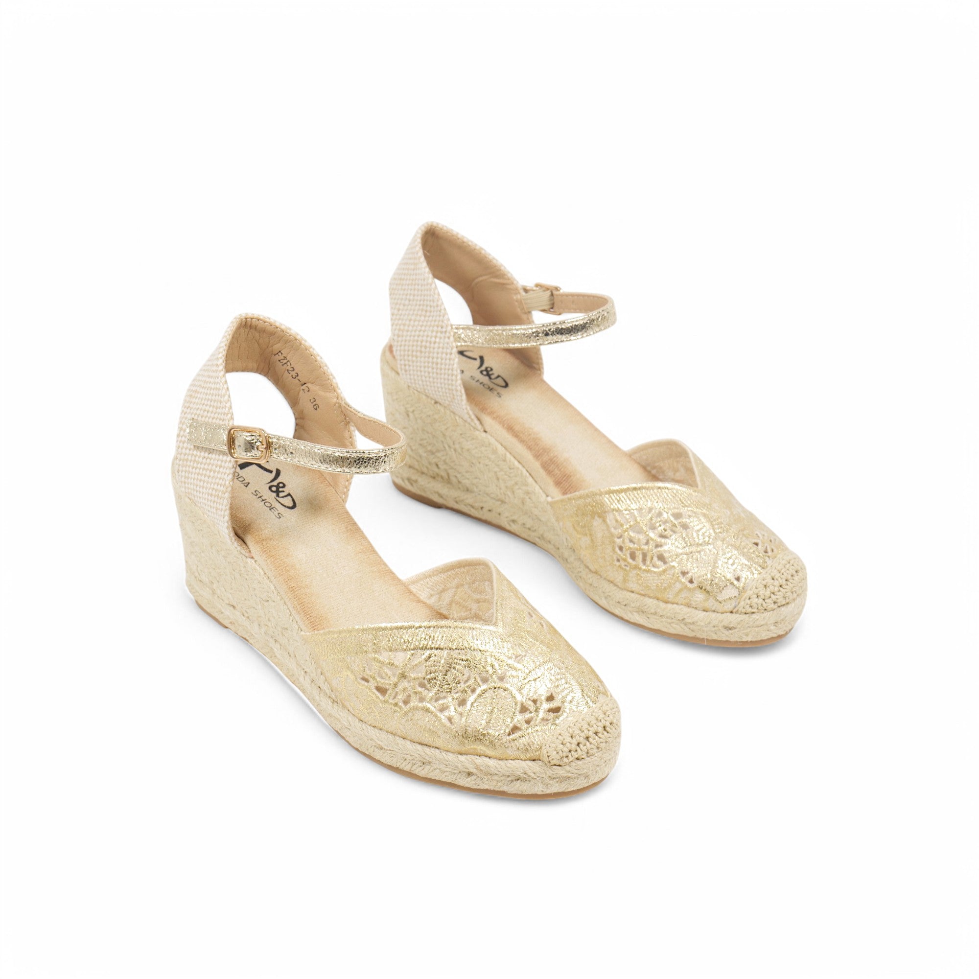 Alpargatas de cuña para mujer con encaje calado, sandalias cerradas tipo espadrille con pulsera al tobillo y hebilla, zapatos elegantes de verano con plataforma de yute