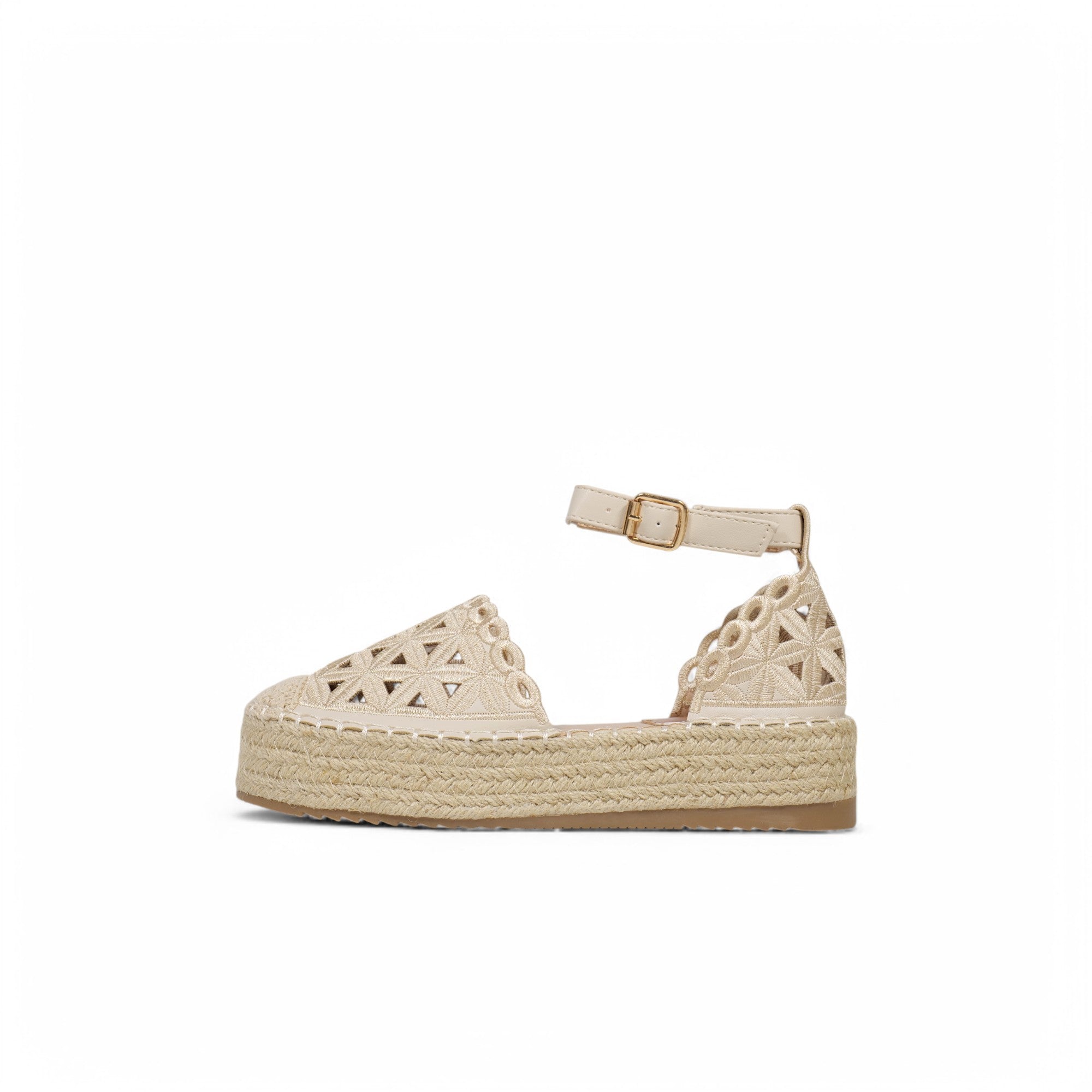 Sandalias espadrille con plataforma de yute para mujer, alpargatas con pulsera al tobillo y hebilla, diseño bordado calado en cuero sintético metalizado, sandalias de verano con plataforma cómoda para looks casuales y eventos
