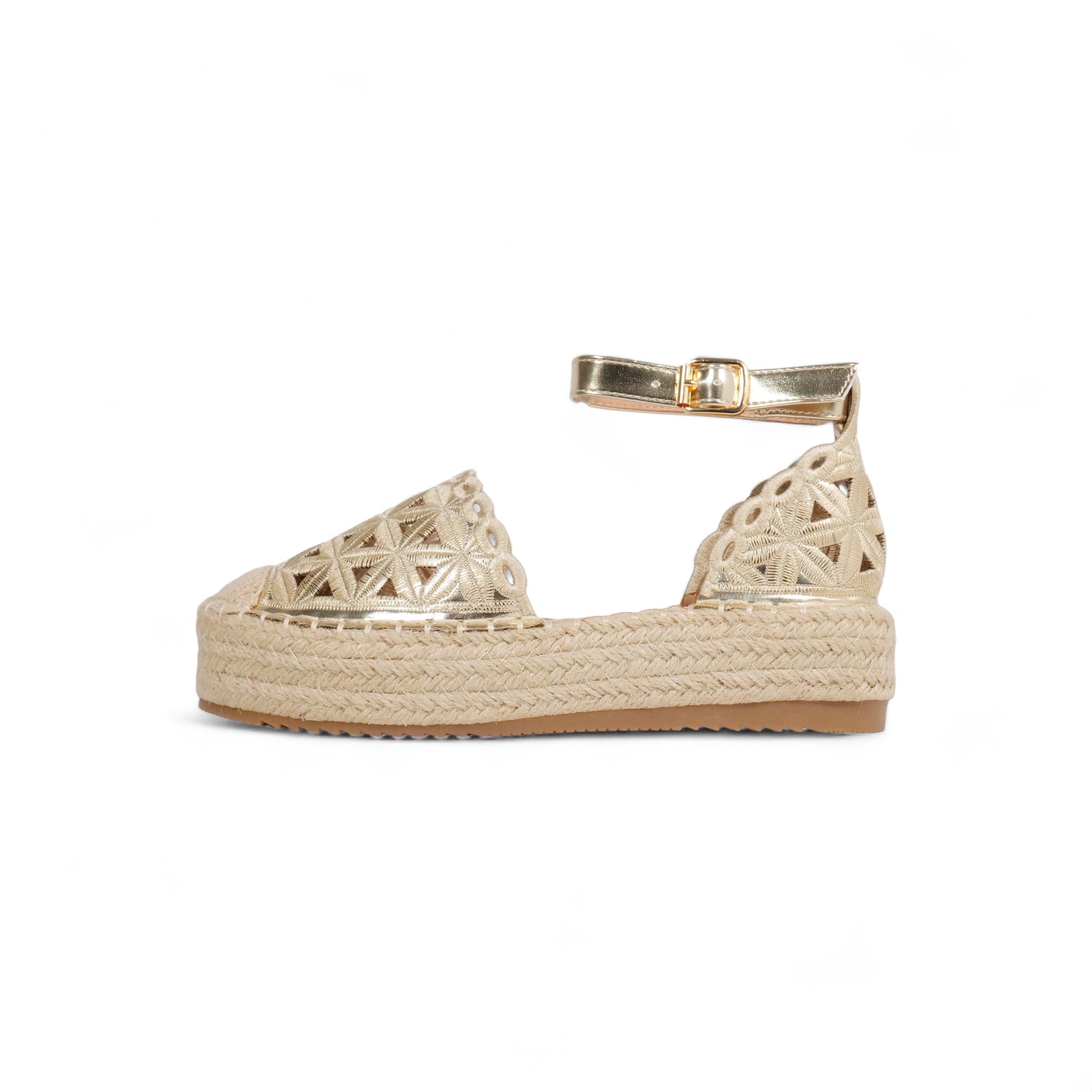 Sandalias espadrille con plataforma de yute para mujer, alpargatas con pulsera al tobillo y hebilla, diseño bordado calado en cuero sintético metalizado, sandalias de verano con plataforma cómoda para looks casuales y eventos