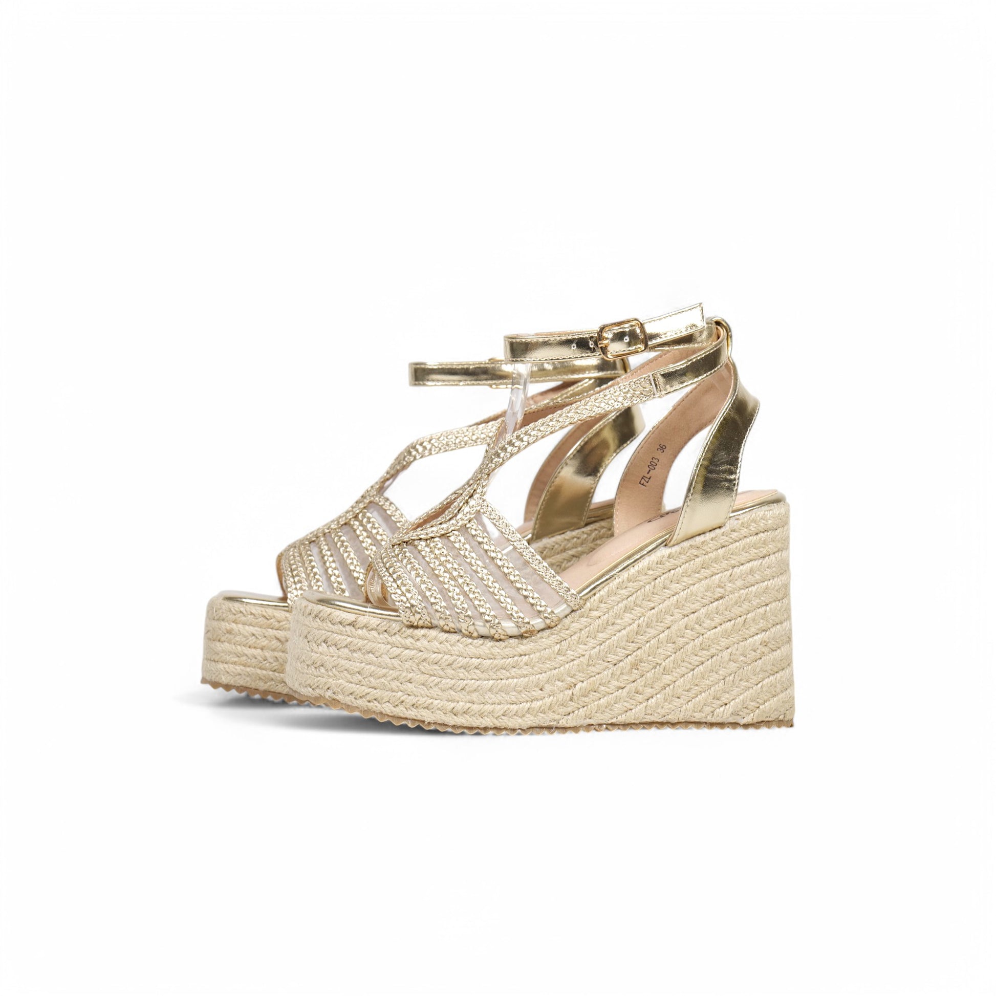 Sandalias de cuña doradas con tiras trenzadas