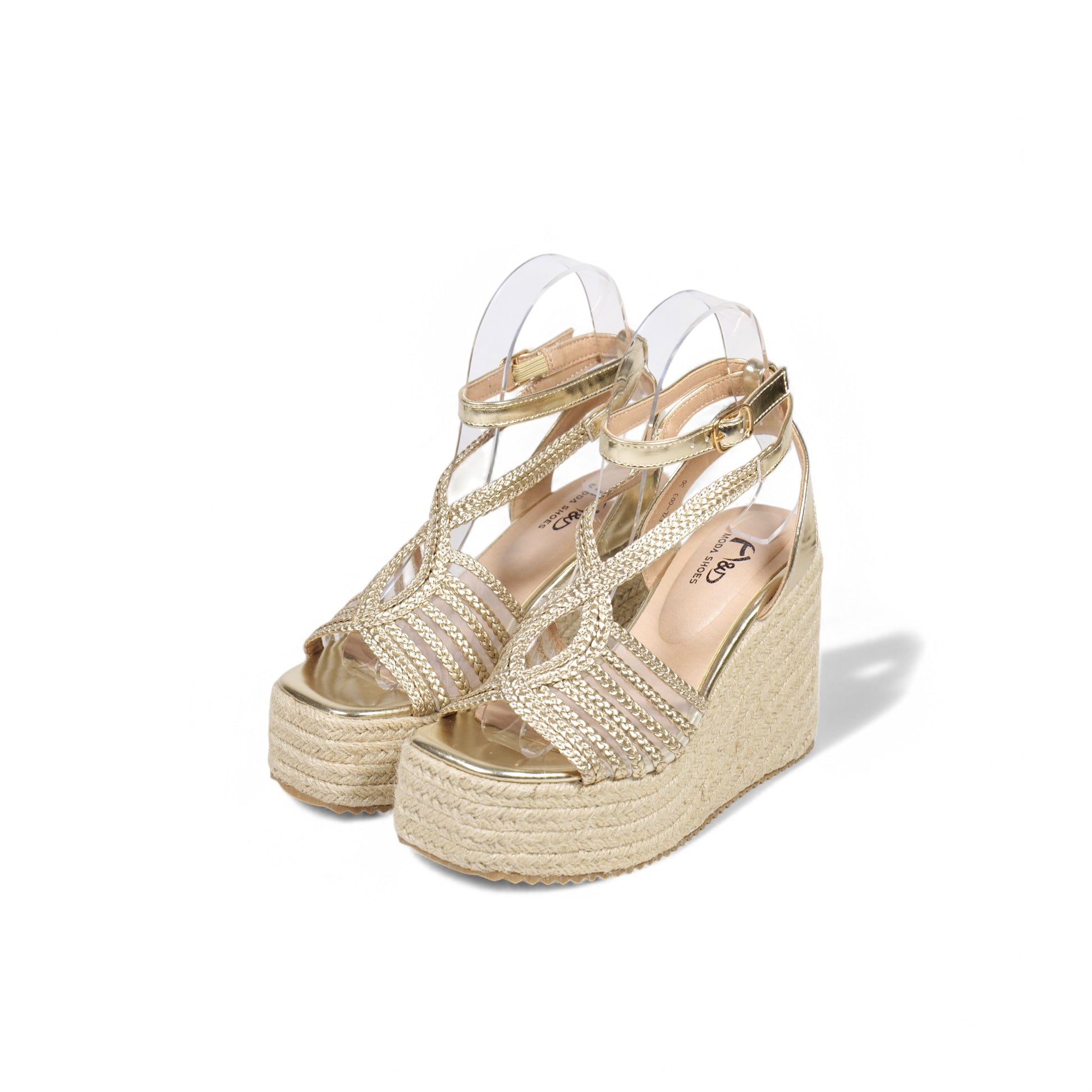 Sandalias de cuña doradas con tiras trenzadas