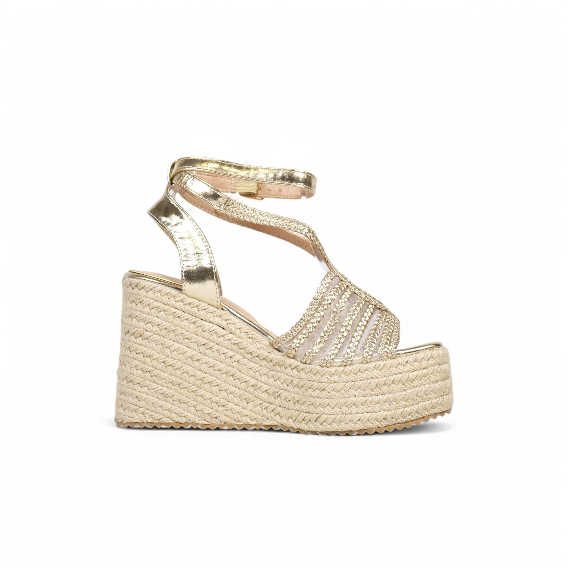 Sandalias de cuña doradas con tiras trenzadas