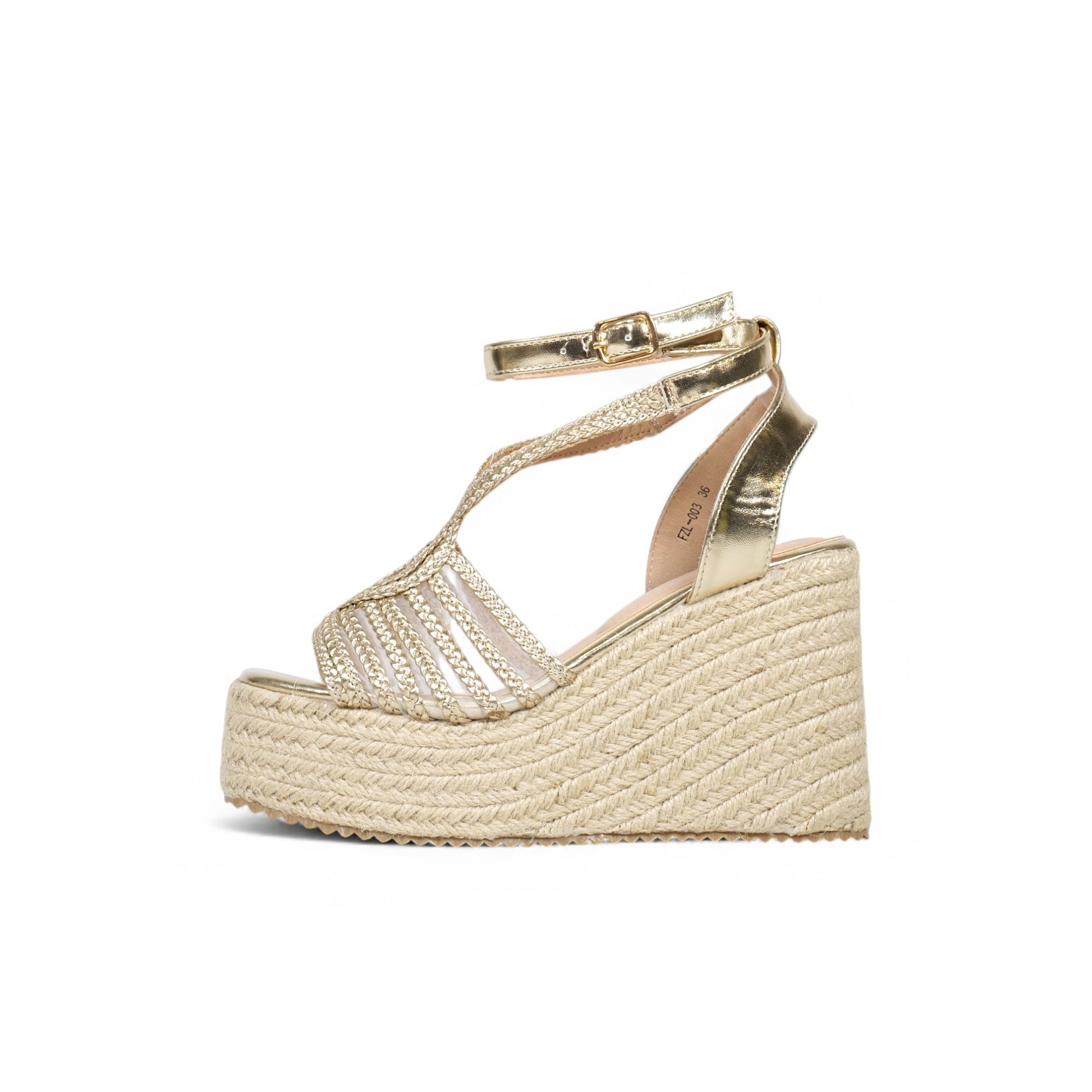 Sandalias de cuña doradas con tiras trenzadas