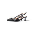 Zapatos de tacón Kitten  destalonados con hebilla decorativa para mujer – estilo elegante con punta fina y correa ajustable – disponibles en dorado y negro