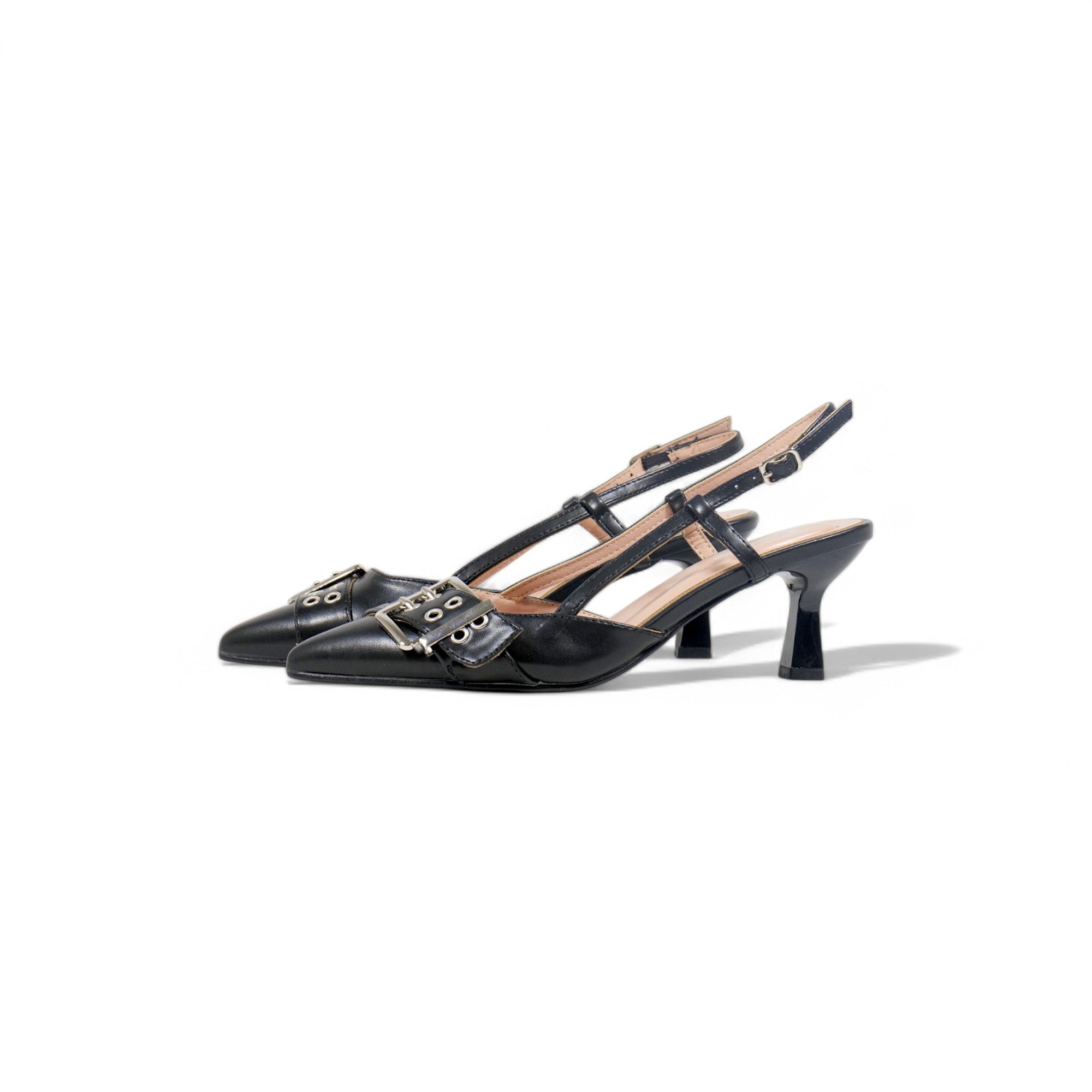 Zapatos de tacón Kitten  destalonados con hebilla decorativa para mujer – estilo elegante con punta fina y correa ajustable – disponibles en dorado y negro