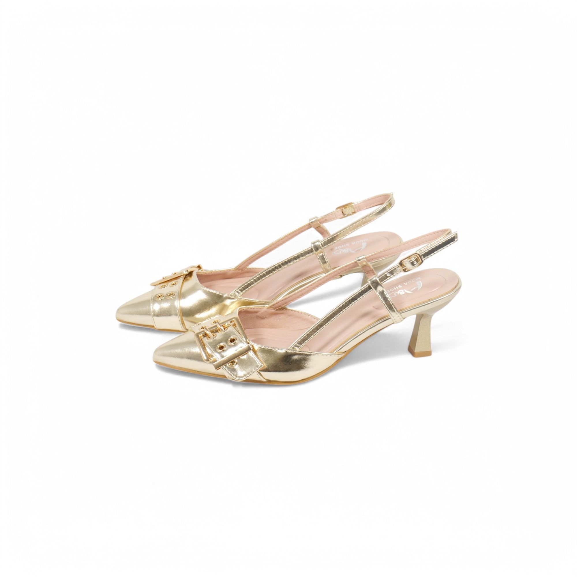 Zapatos de tacón Kitten  destalonados con hebilla decorativa para mujer – estilo elegante con punta fina y correa ajustable – disponibles en dorado y negro