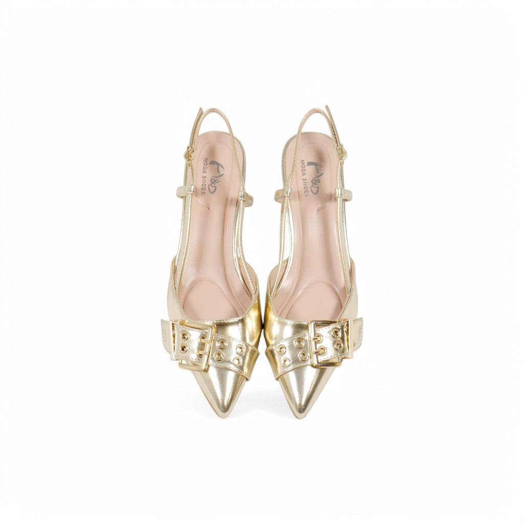 Zapatos de tacón Kitten  destalonados con hebilla decorativa para mujer – estilo elegante con punta fina y correa ajustable – disponibles en dorado y negro