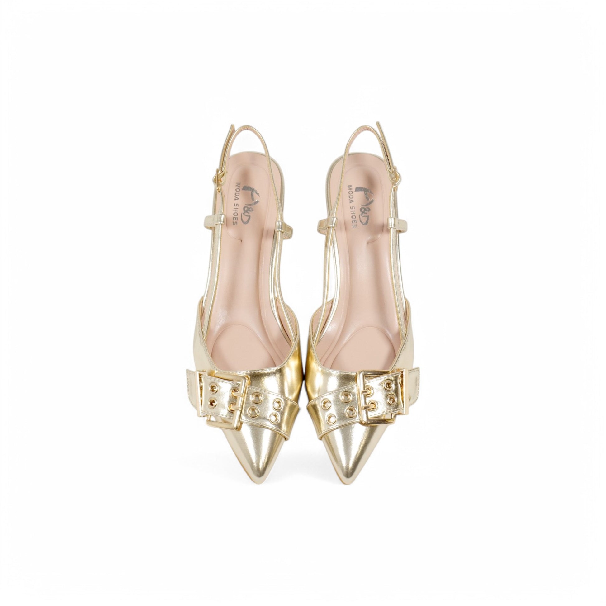 Zapatos de tacón Kitten  destalonados con hebilla decorativa para mujer – estilo elegante con punta fina y correa ajustable – disponibles en dorado y negro