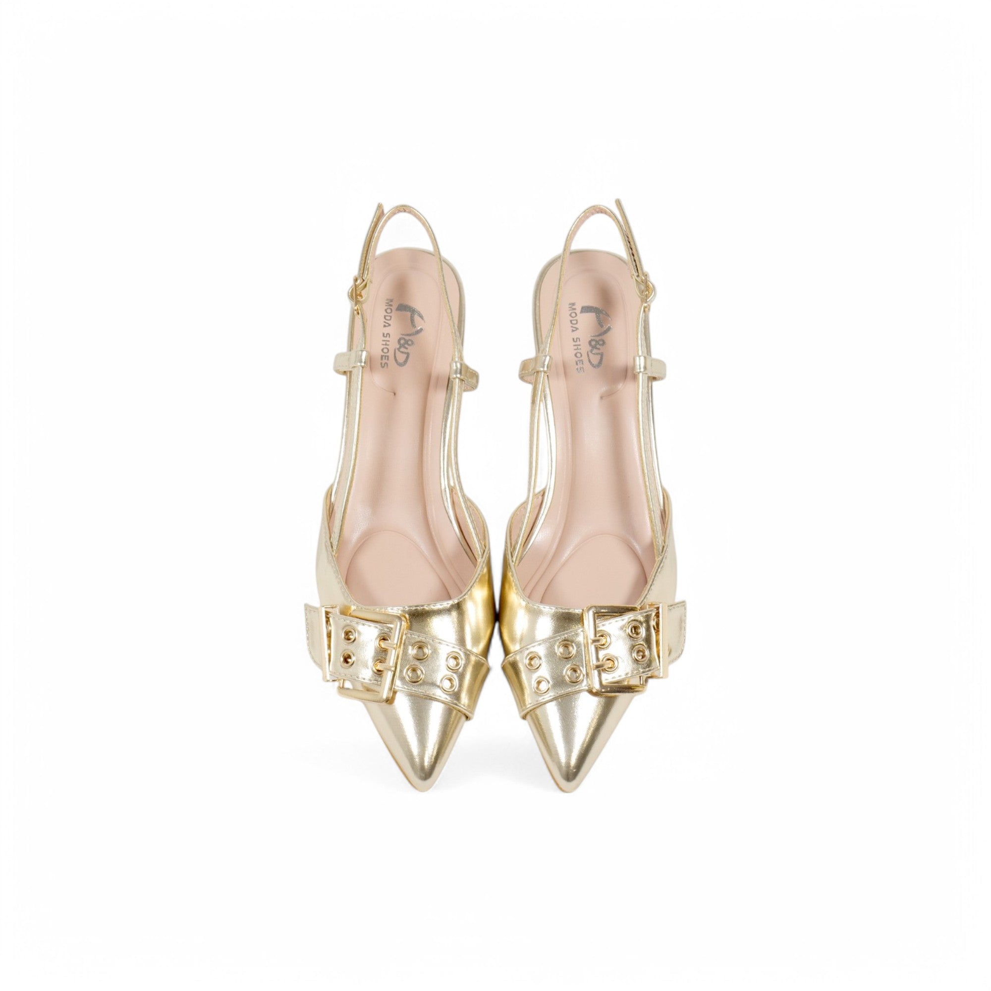 Zapatos de tacón Kitten  destalonados con hebilla decorativa para mujer – estilo elegante con punta fina y correa ajustable – disponibles en dorado y negro
