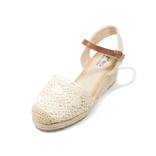Alpargatas de cuña baja para mujer con encaje tejido estilo crochet, sandalias espadrille con puntera cerrada y plataforma de yute, pulsera al tobillo con hebilla ajustable, zapatos verano en colores blanco, beige y fucsia