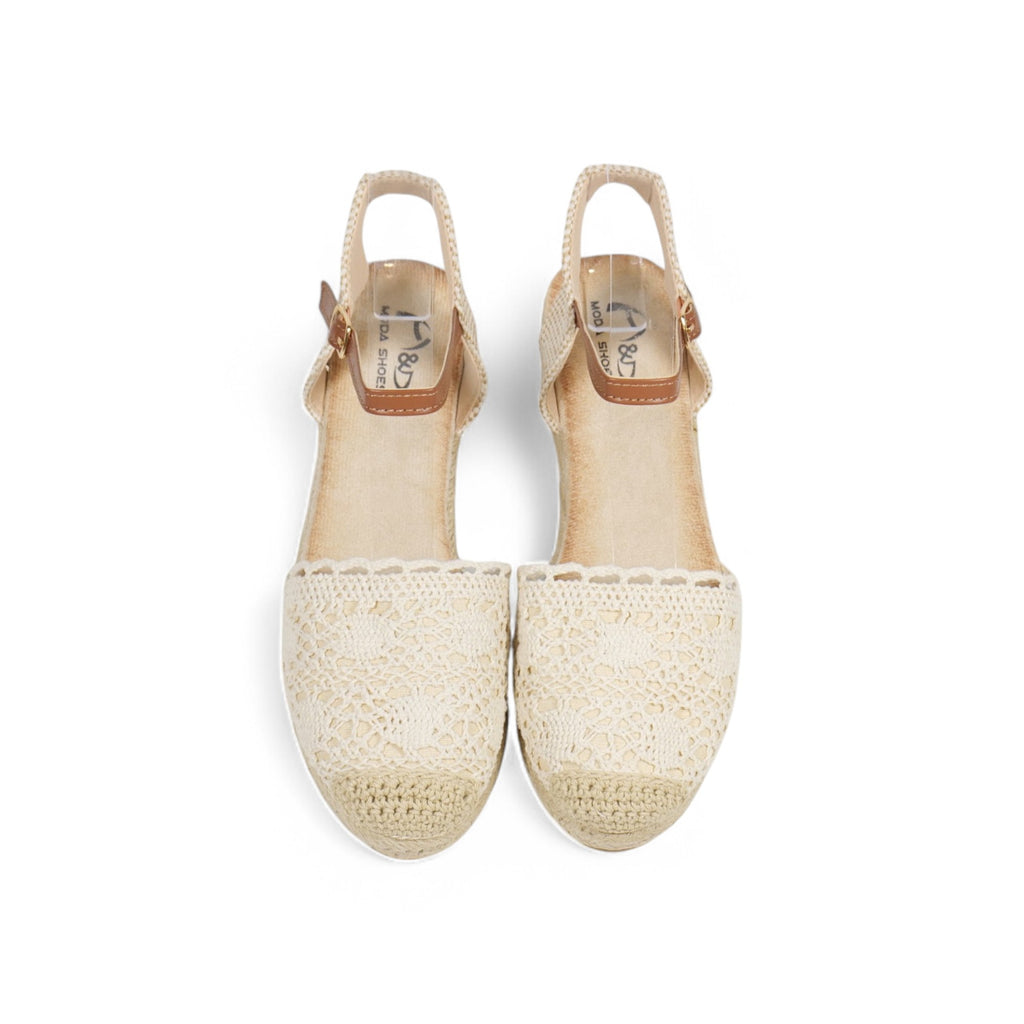 Alpargatas de cuña baja para mujer con encaje tejido estilo crochet, sandalias espadrille con puntera cerrada y plataforma de yute, pulsera al tobillo con hebilla ajustable, zapatos verano en colores blanco, beige y fucsia
