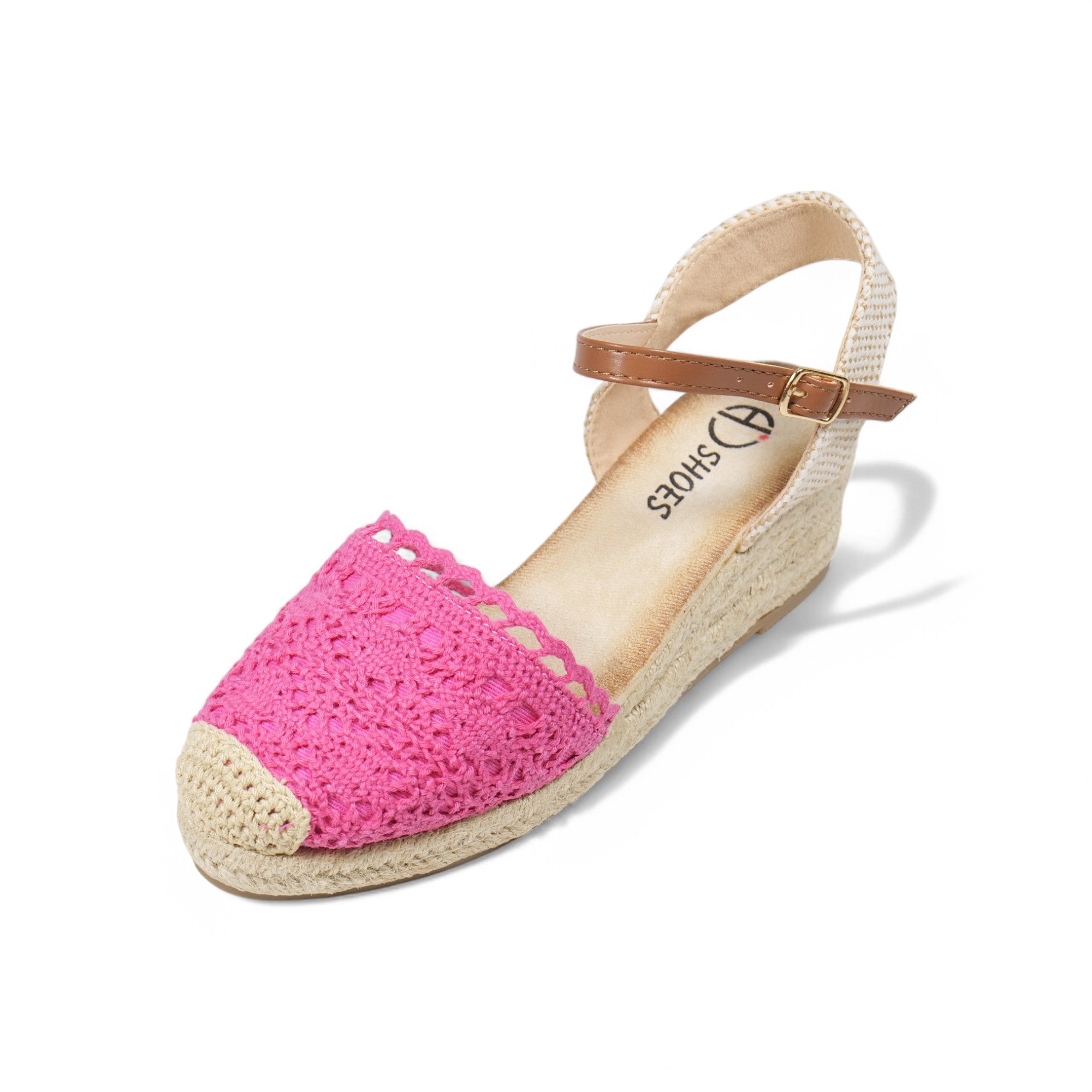 Alpargatas de cuña baja para mujer con encaje tejido estilo crochet, sandalias espadrille con puntera cerrada y plataforma de yute, pulsera al tobillo con hebilla ajustable, zapatos verano en colores blanco, beige y fucsia