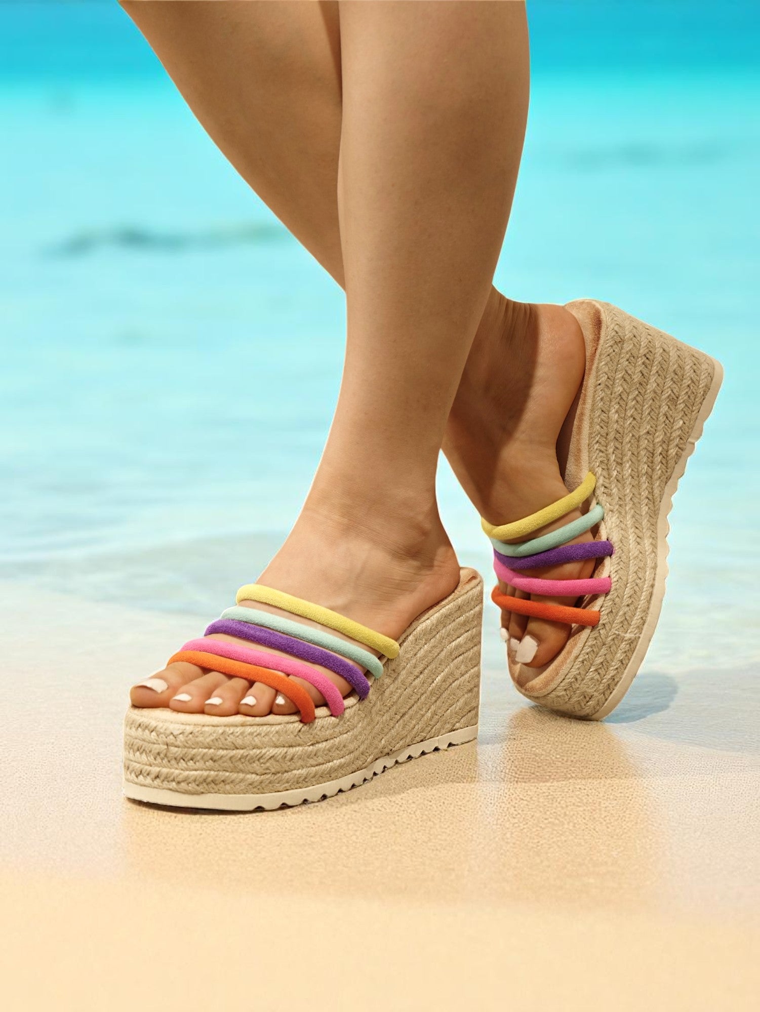 Sandalias con cuña alta tiras multicolor estilo arcoíris