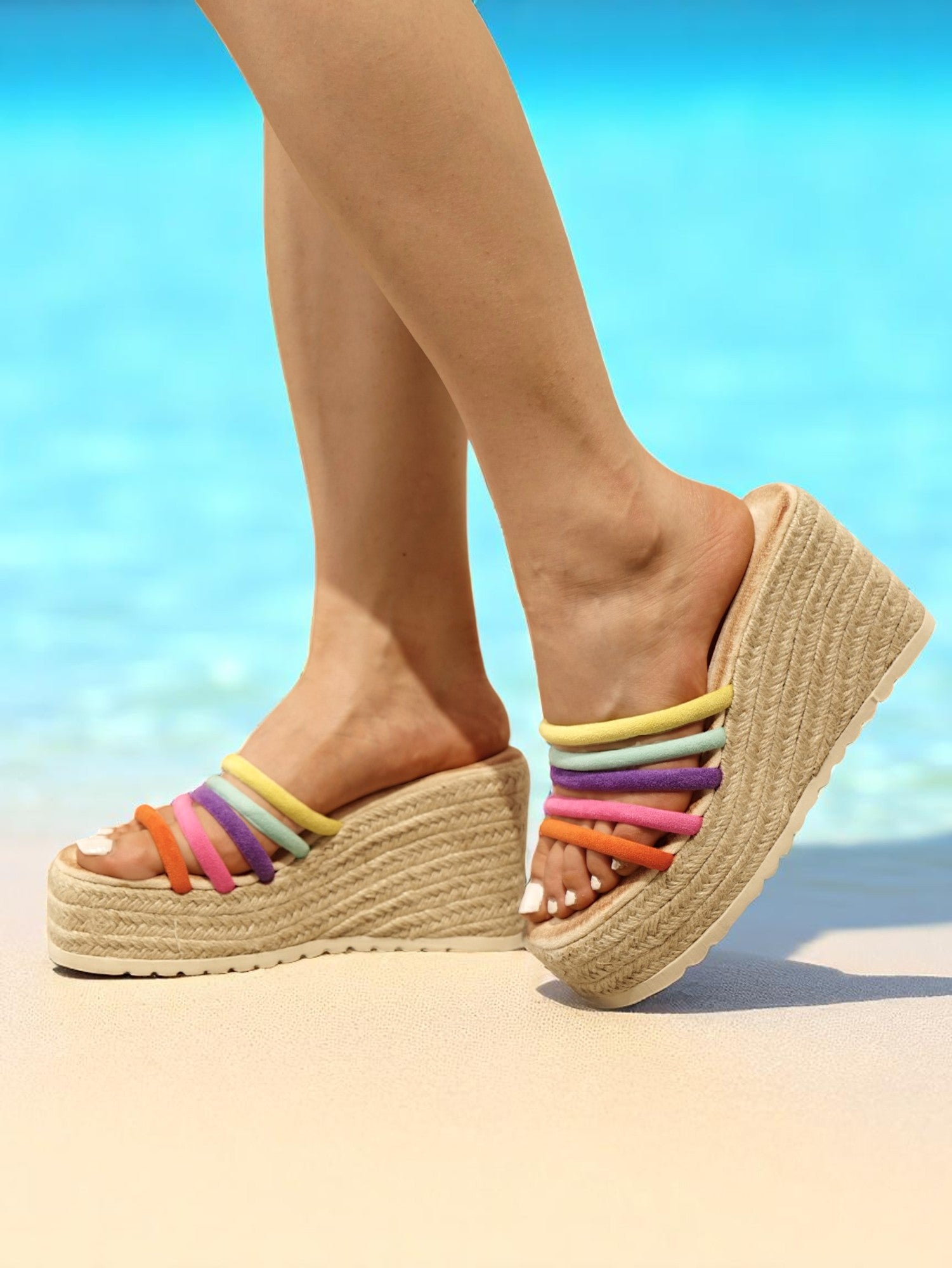 Sandalias con cuña alta tiras multicolor estilo arcoíris