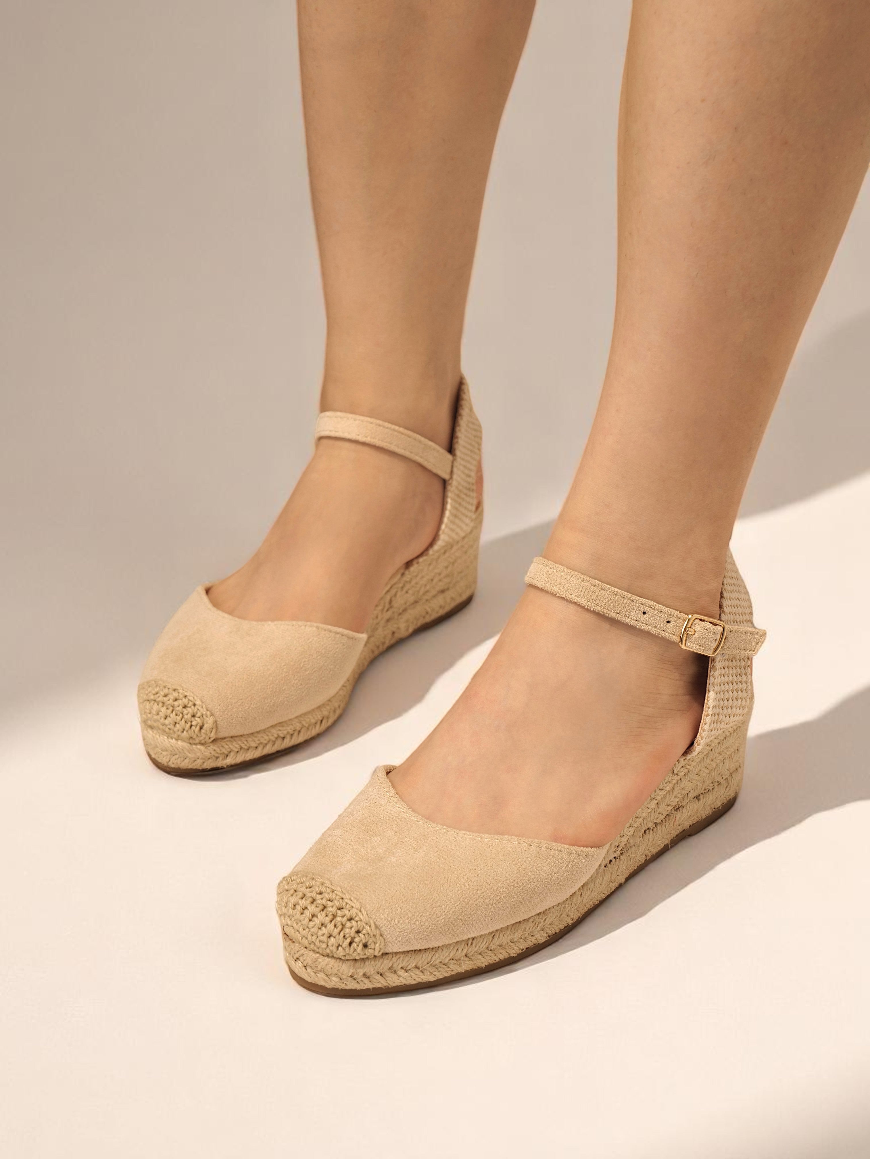Alpargatas de cuña básicas tacón 5cm - Alpargatas de cuña para mujer con puntera cerrada, sandalias espadrille con plataforma de yute, pulsera al tobillo con hebilla ajustable, zapatos de verano cómodos en beige, camel, dorado y plateado