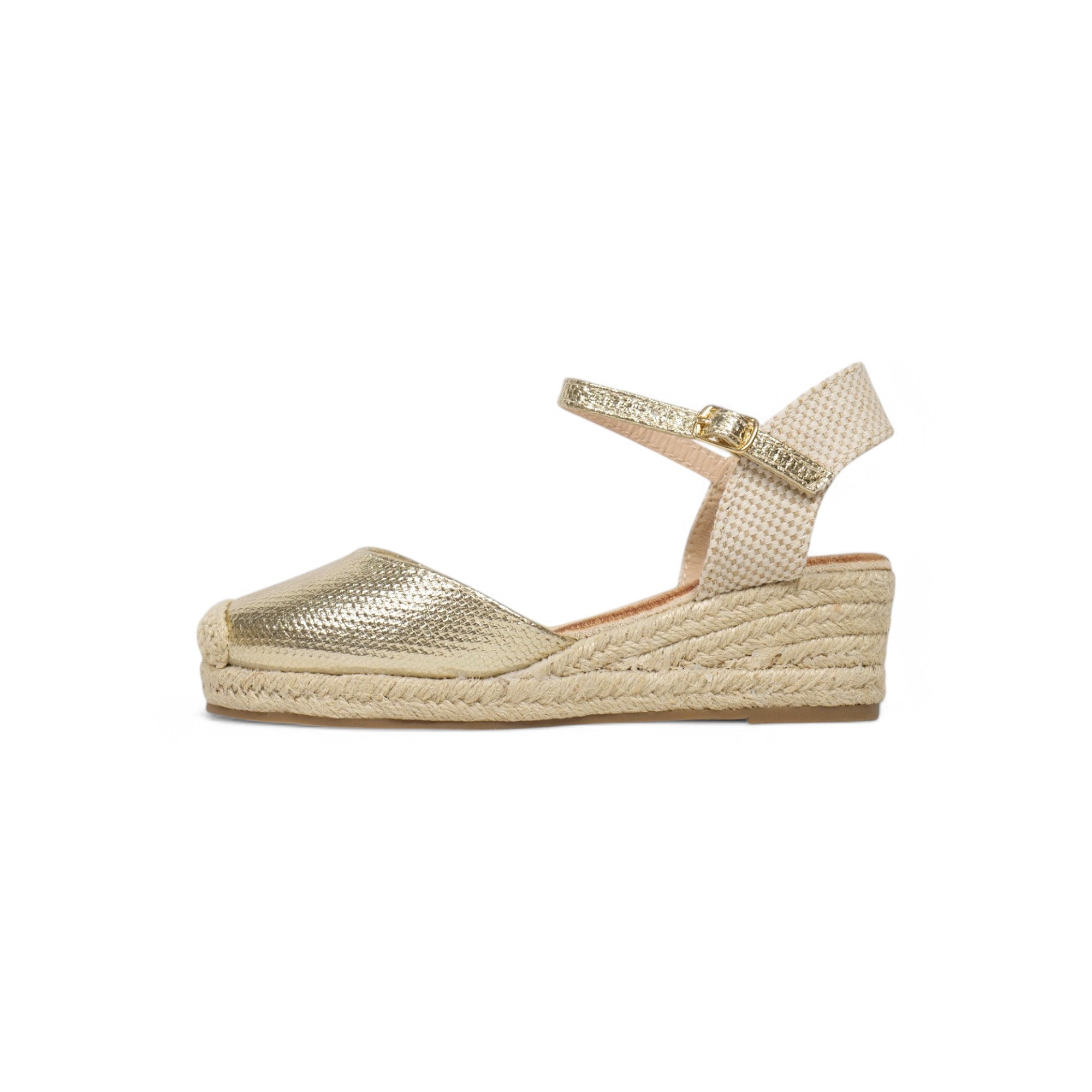 Alpargatas de cuña básicas tacón 5cm - Alpargatas de cuña para mujer con puntera cerrada, sandalias espadrille con plataforma de yute, pulsera al tobillo con hebilla ajustable, zapatos de verano cómodos en beige, camel, dorado y plateado