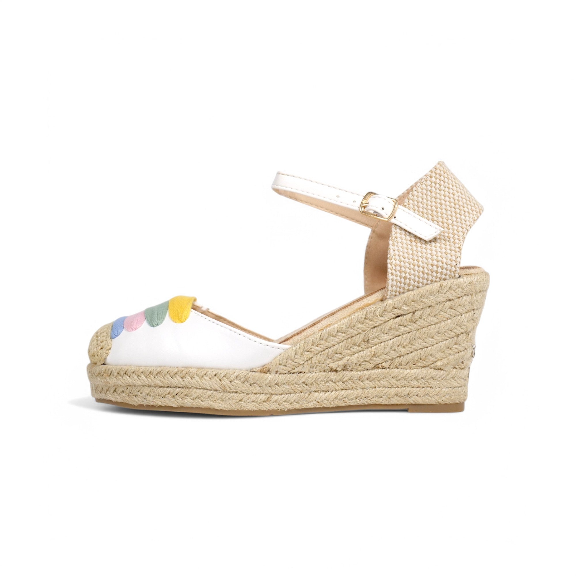 Alpargatas de cuña para mujer con diseño multicolor en la puntera, sandalias tipo espadrille con plataforma de yute, pulsera al tobillo con hebilla ajustable, zapatos de verano cómodos en beige y blanco