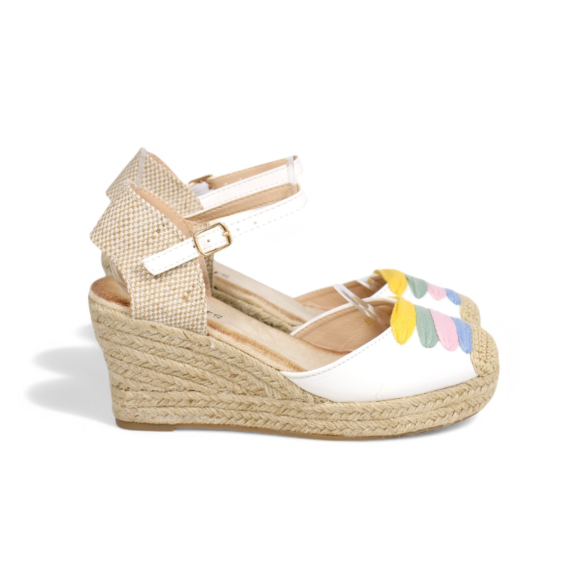 Alpargatas de cuña para mujer con diseño multicolor en la puntera, sandalias tipo espadrille con plataforma de yute, pulsera al tobillo con hebilla ajustable, zapatos de verano cómodos en beige y blanco