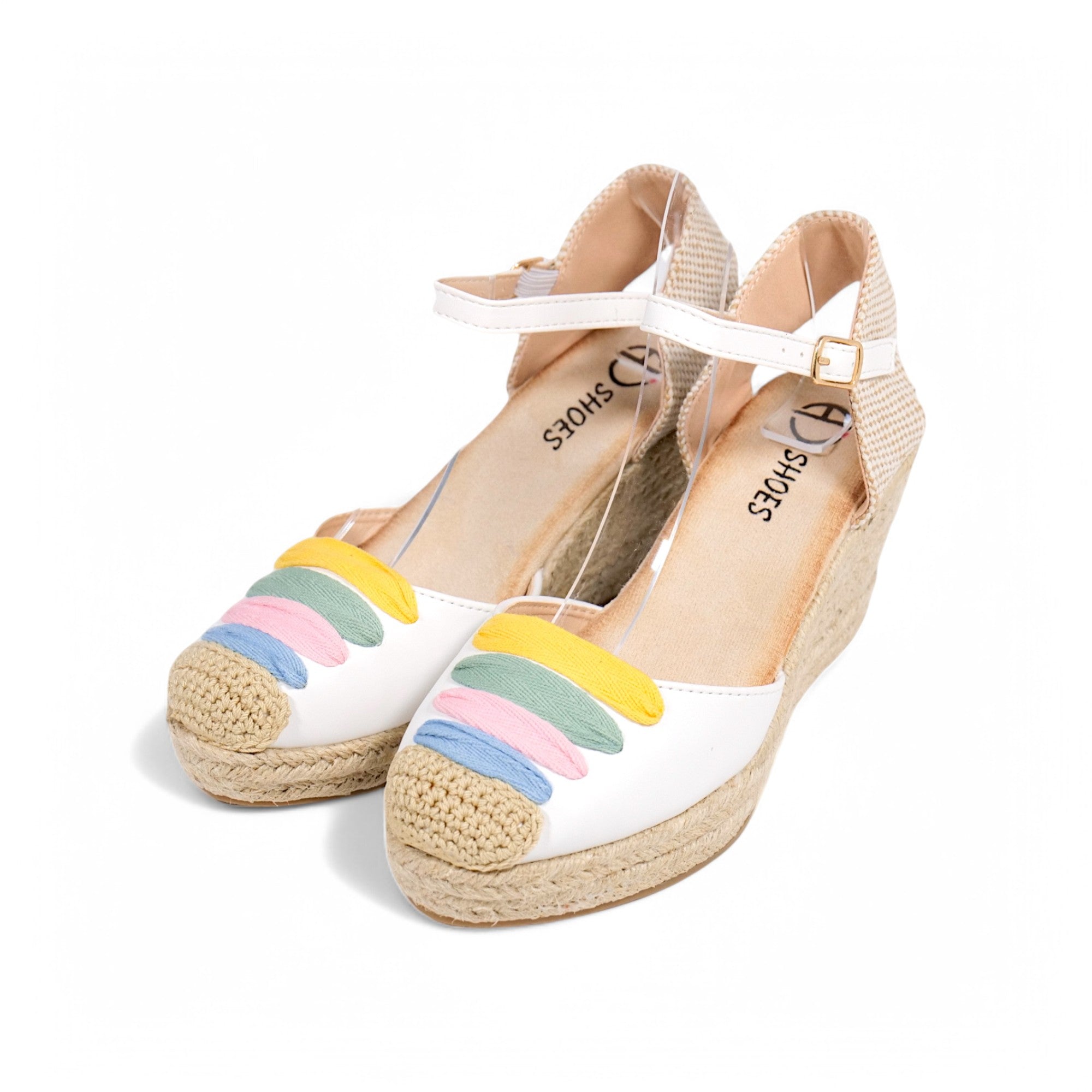 Alpargatas de cuña para mujer con diseño multicolor en la puntera, sandalias tipo espadrille con plataforma de yute, pulsera al tobillo con hebilla ajustable, zapatos de verano cómodos en beige y blanco