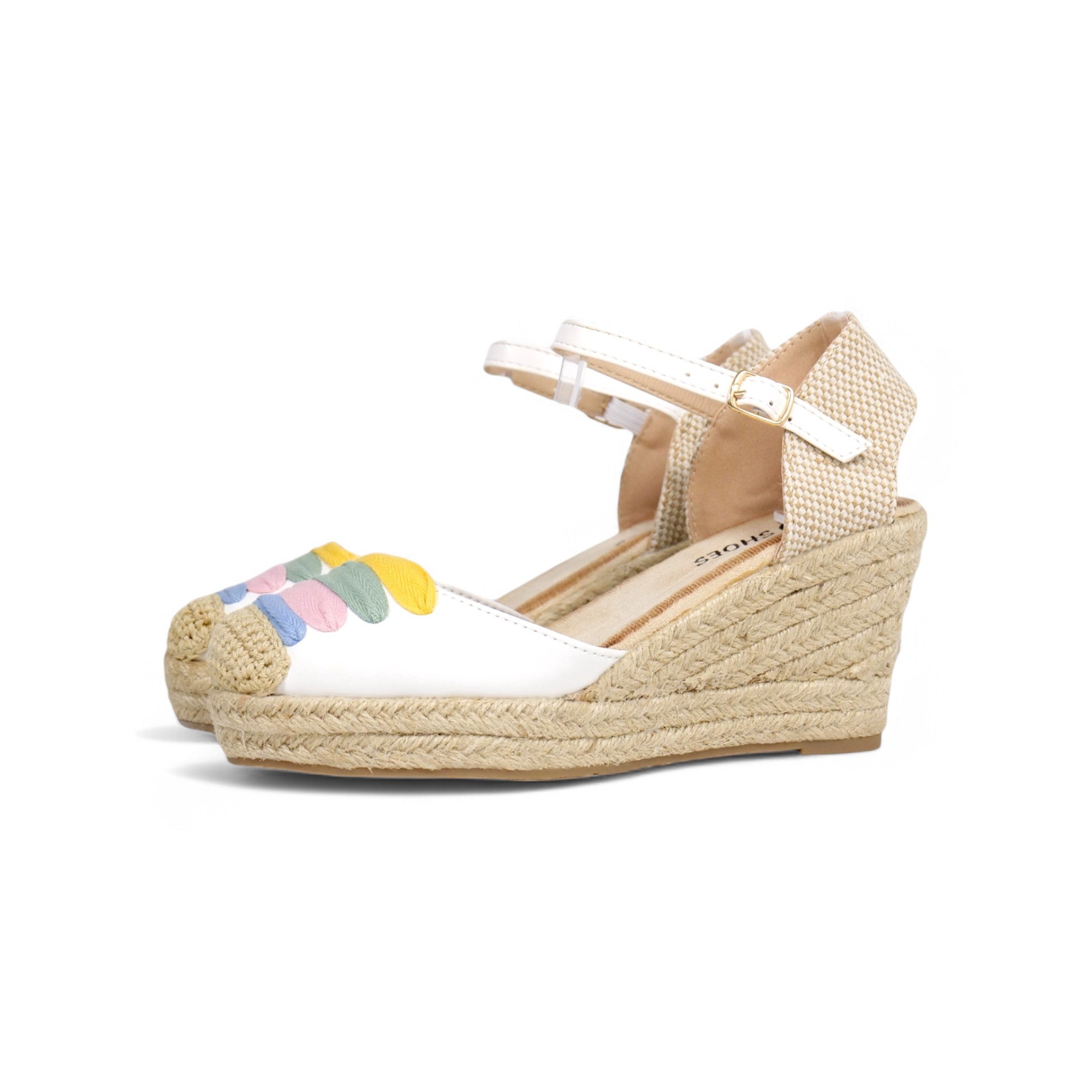 Alpargatas de cuña para mujer con diseño multicolor en la puntera, sandalias tipo espadrille con plataforma de yute, pulsera al tobillo con hebilla ajustable, zapatos de verano cómodos en beige y blanco