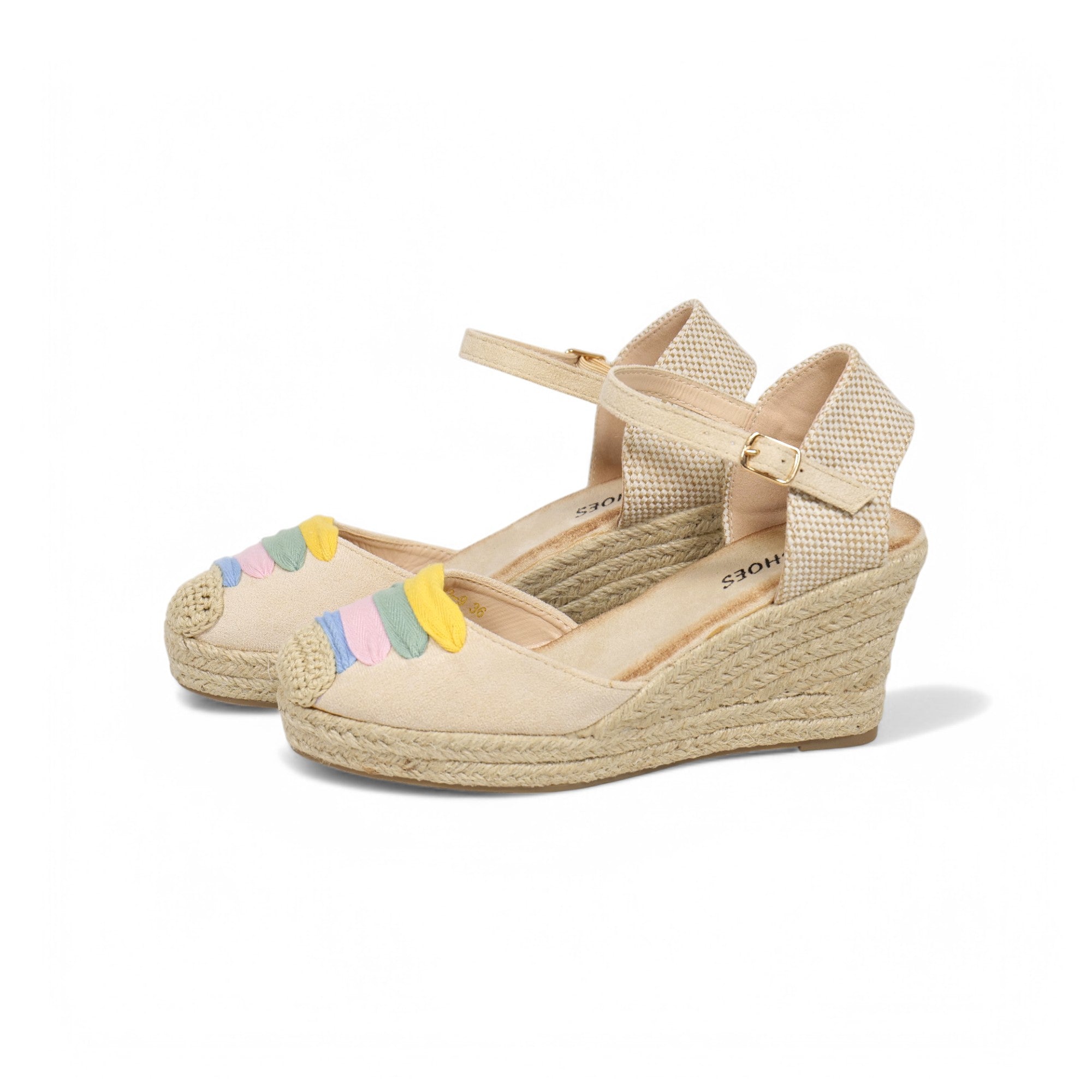 Alpargatas de cuña para mujer con diseño multicolor en la puntera, sandalias tipo espadrille con plataforma de yute, pulsera al tobillo con hebilla ajustable, zapatos de verano cómodos en beige y blanco