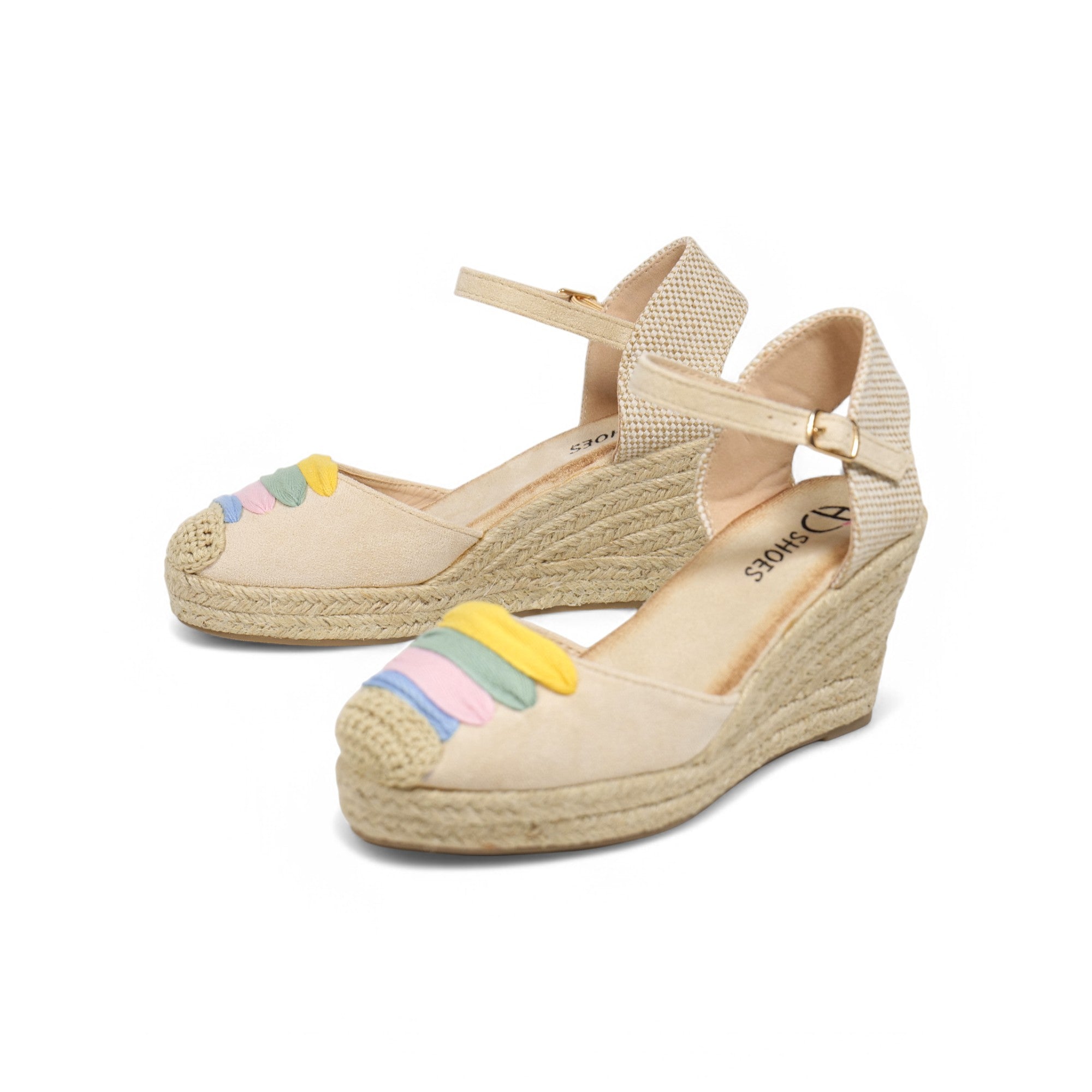 Alpargatas de cuña para mujer con diseño multicolor en la puntera, sandalias tipo espadrille con plataforma de yute, pulsera al tobillo con hebilla ajustable, zapatos de verano cómodos en beige y blanco