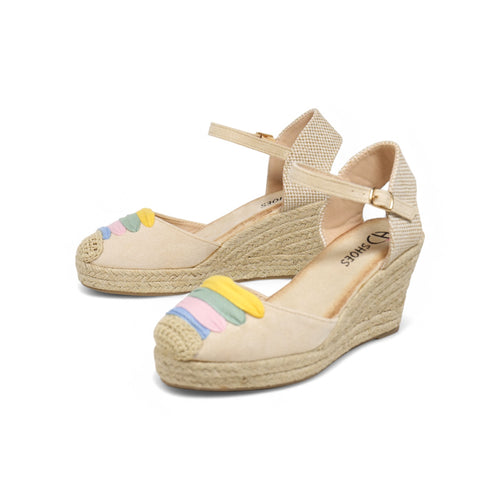 Alpargatas de cuña para mujer con diseño multicolor en la puntera, sandalias tipo espadrille con plataforma de yute, pulsera al tobillo con hebilla ajustable, zapatos de verano cómodos en beige y blanco