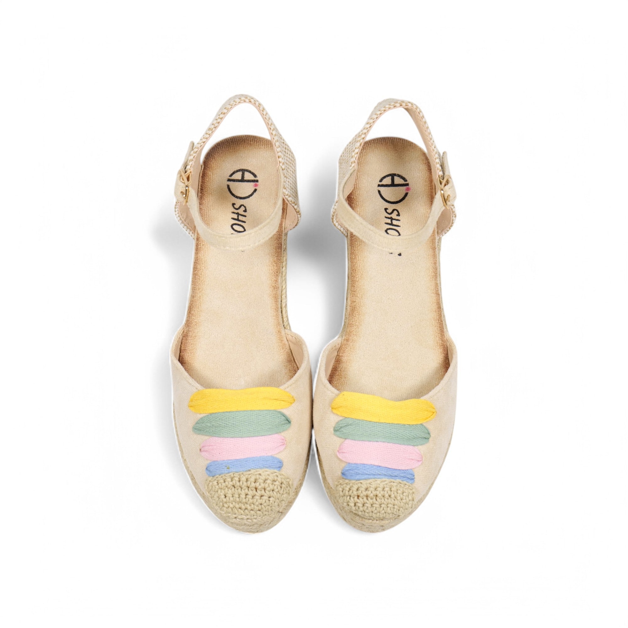 Alpargatas de cuña para mujer con diseño multicolor en la puntera, sandalias tipo espadrille con plataforma de yute, pulsera al tobillo con hebilla ajustable, zapatos de verano cómodos en beige y blanco