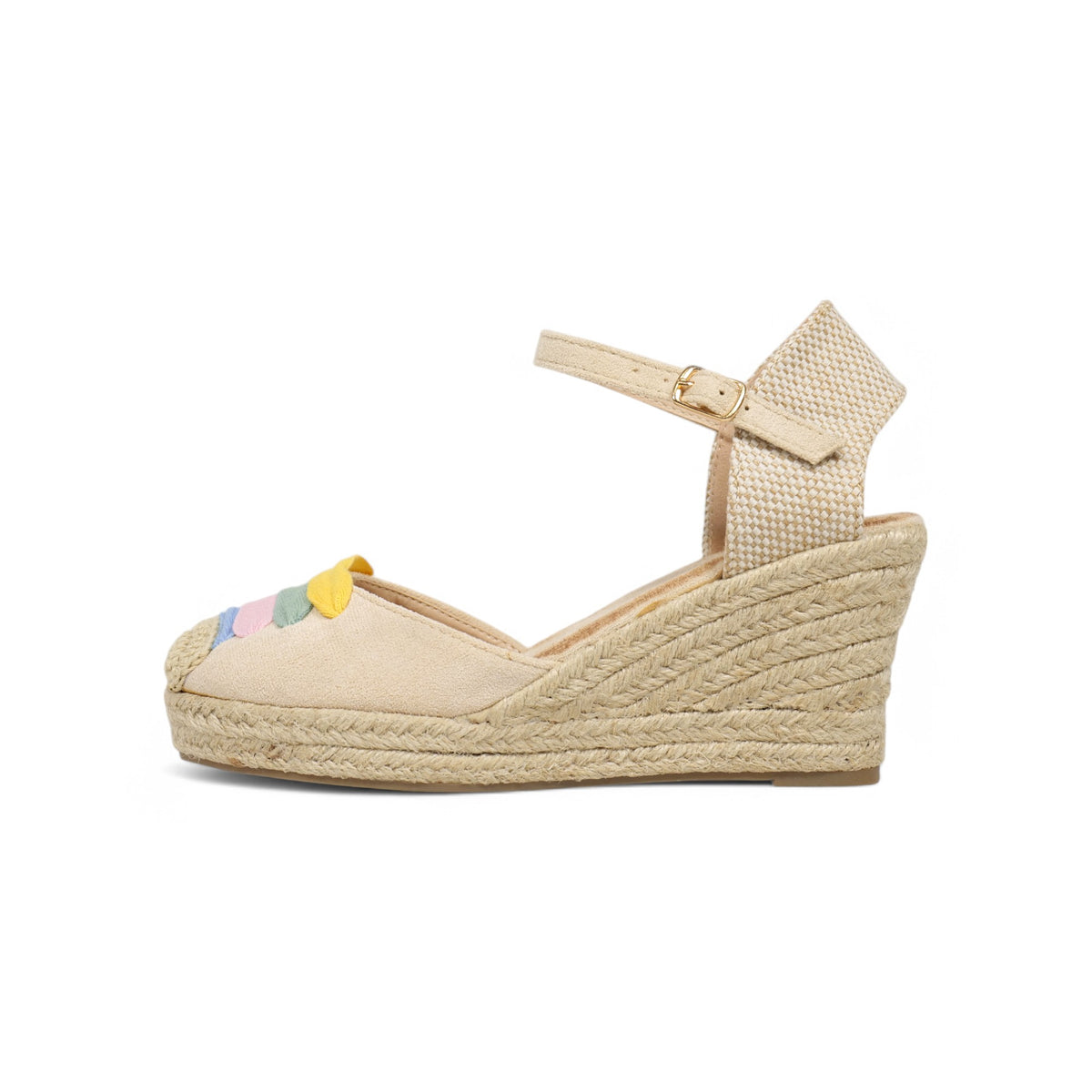 Alpargatas de cuña para mujer con diseño multicolor en la puntera, sandalias tipo espadrille con plataforma de yute, pulsera al tobillo con hebilla ajustable, zapatos de verano cómodos en beige y blanco