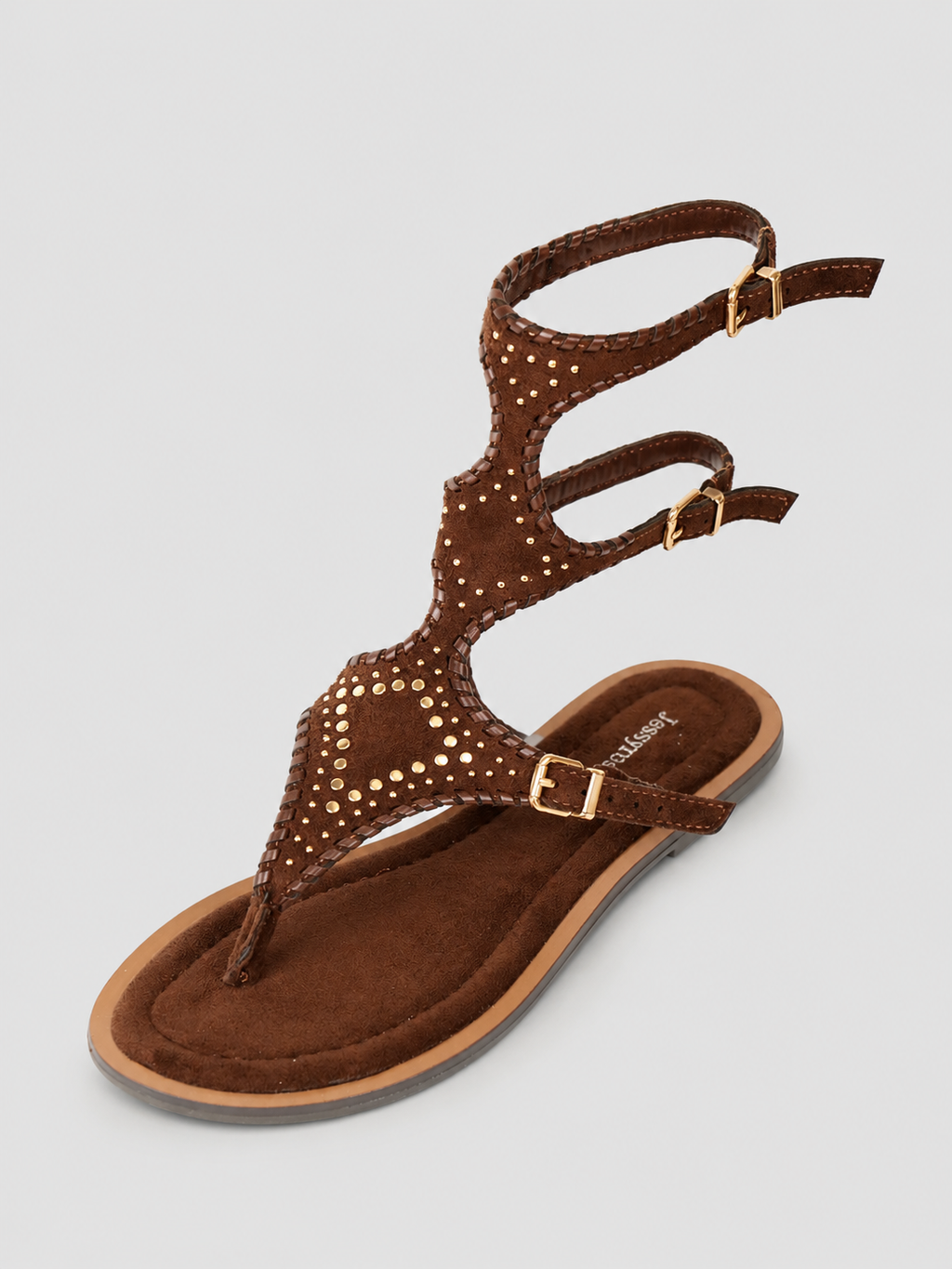 Sandalias Romanas Planas Mujer con Tachuelas Doradas y Pulsera al Tobillo, Estilo Gladiador, Cómodas para Verano, Vacaciones, Vestidos y Looks Boho